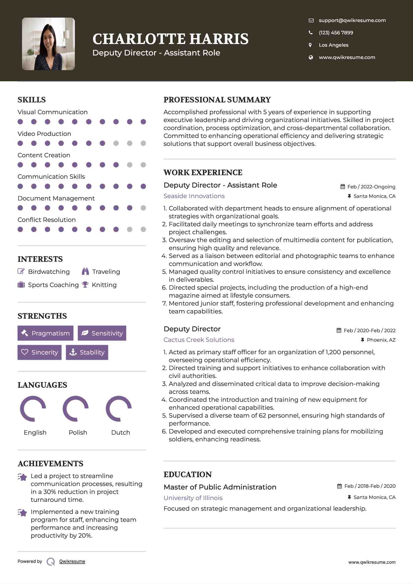 Deputy Director - Assistant Role Resume Sample