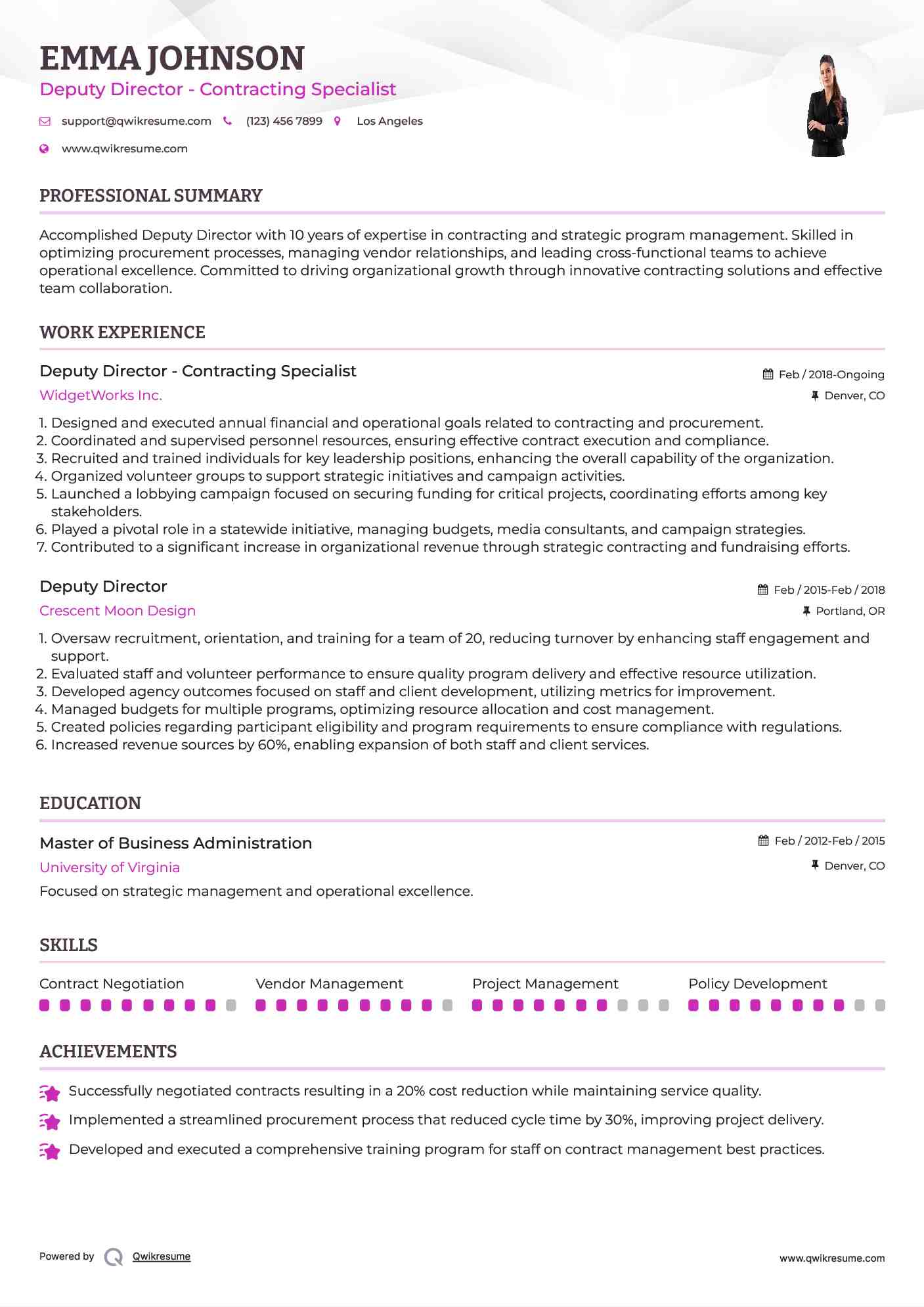 Deputy Director - Contracting Specialist Resume Example