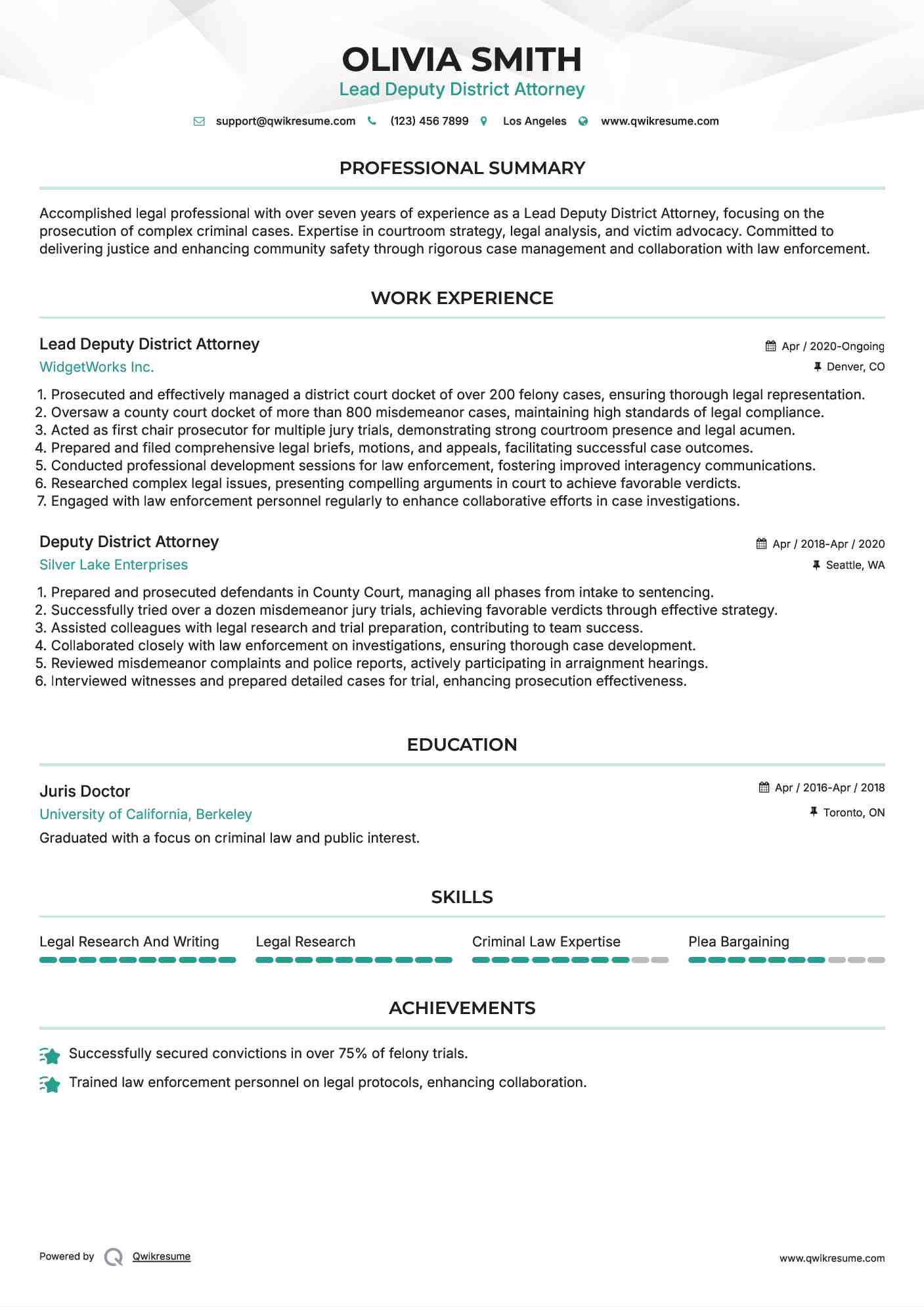 Lead Deputy District Attorney Resume Example