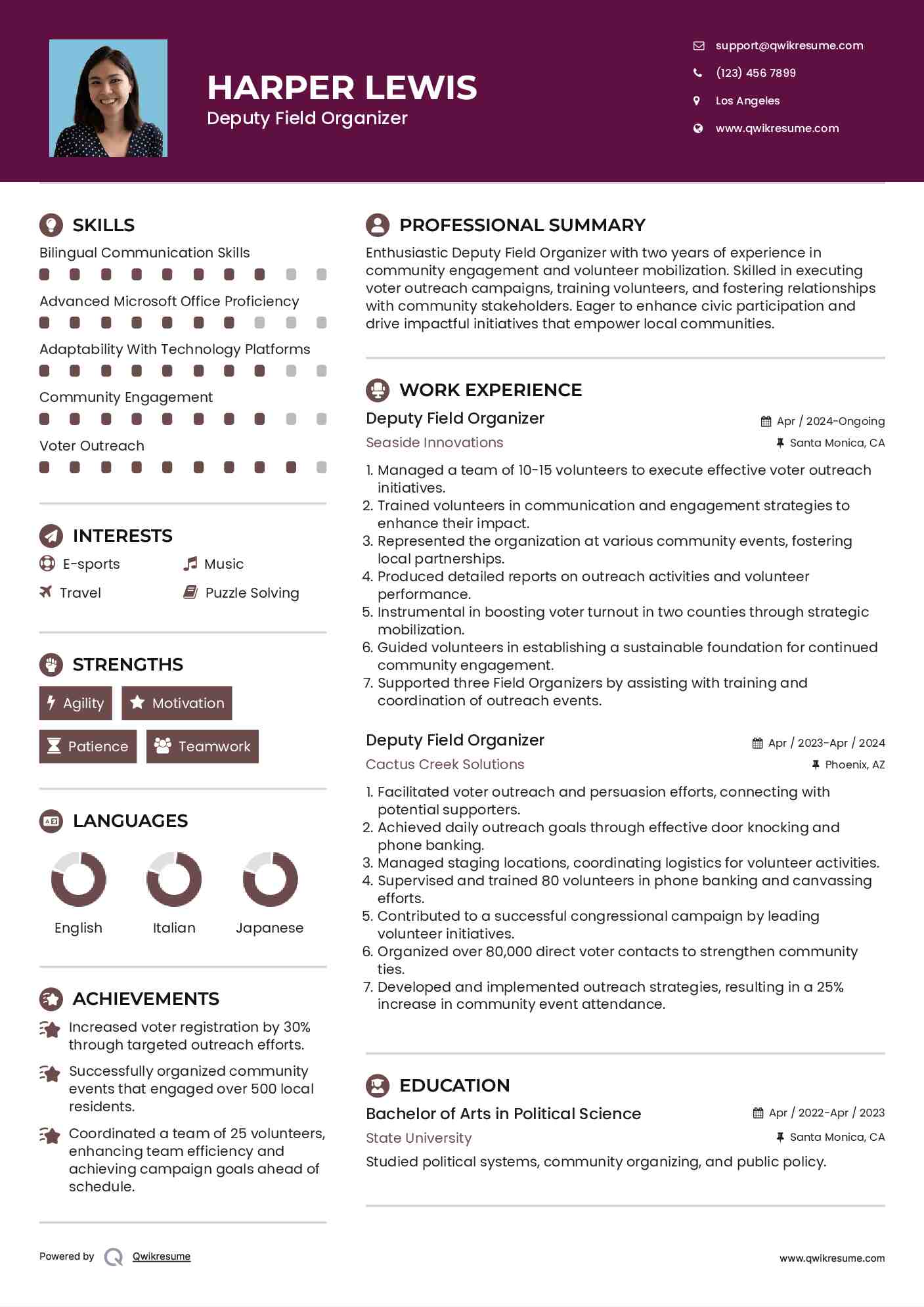 Deputy Field Organizer Resume Model