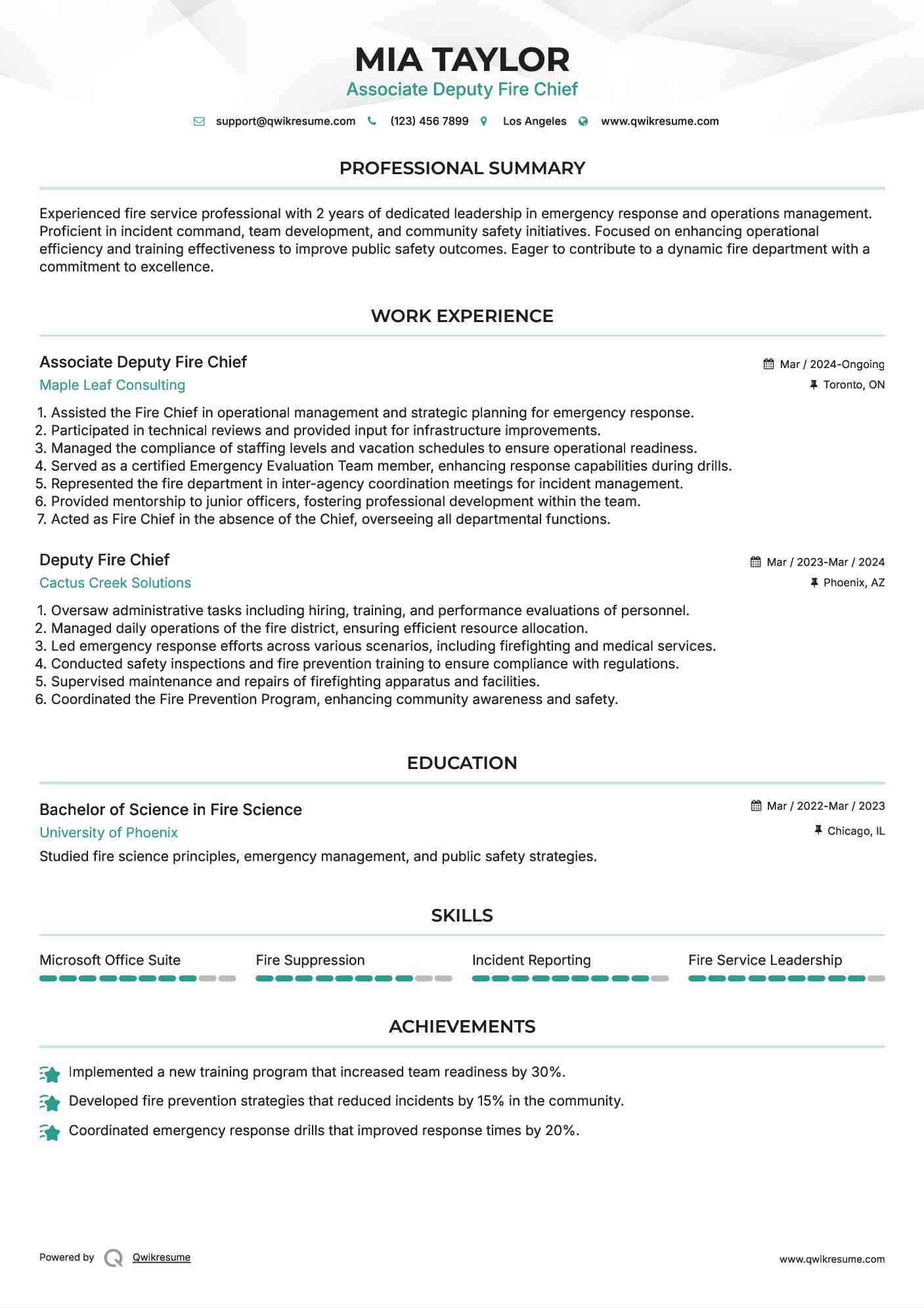 Associate Deputy Fire Chief Resume Sample