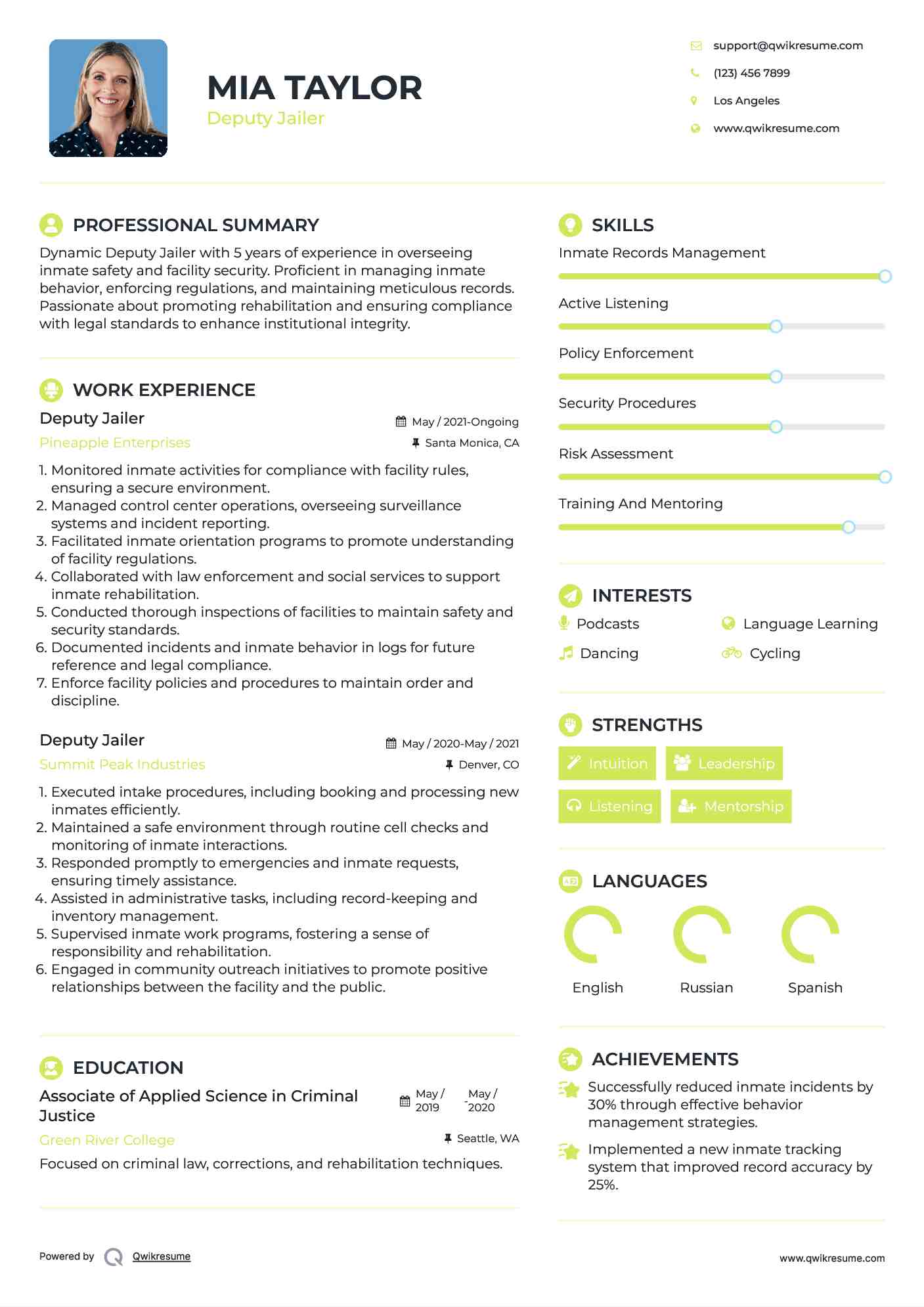 Deputy Jailer Resume Format
