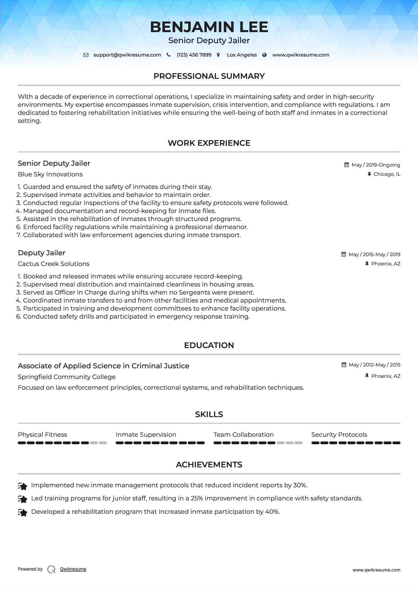 Senior Deputy Jailer Resume Model