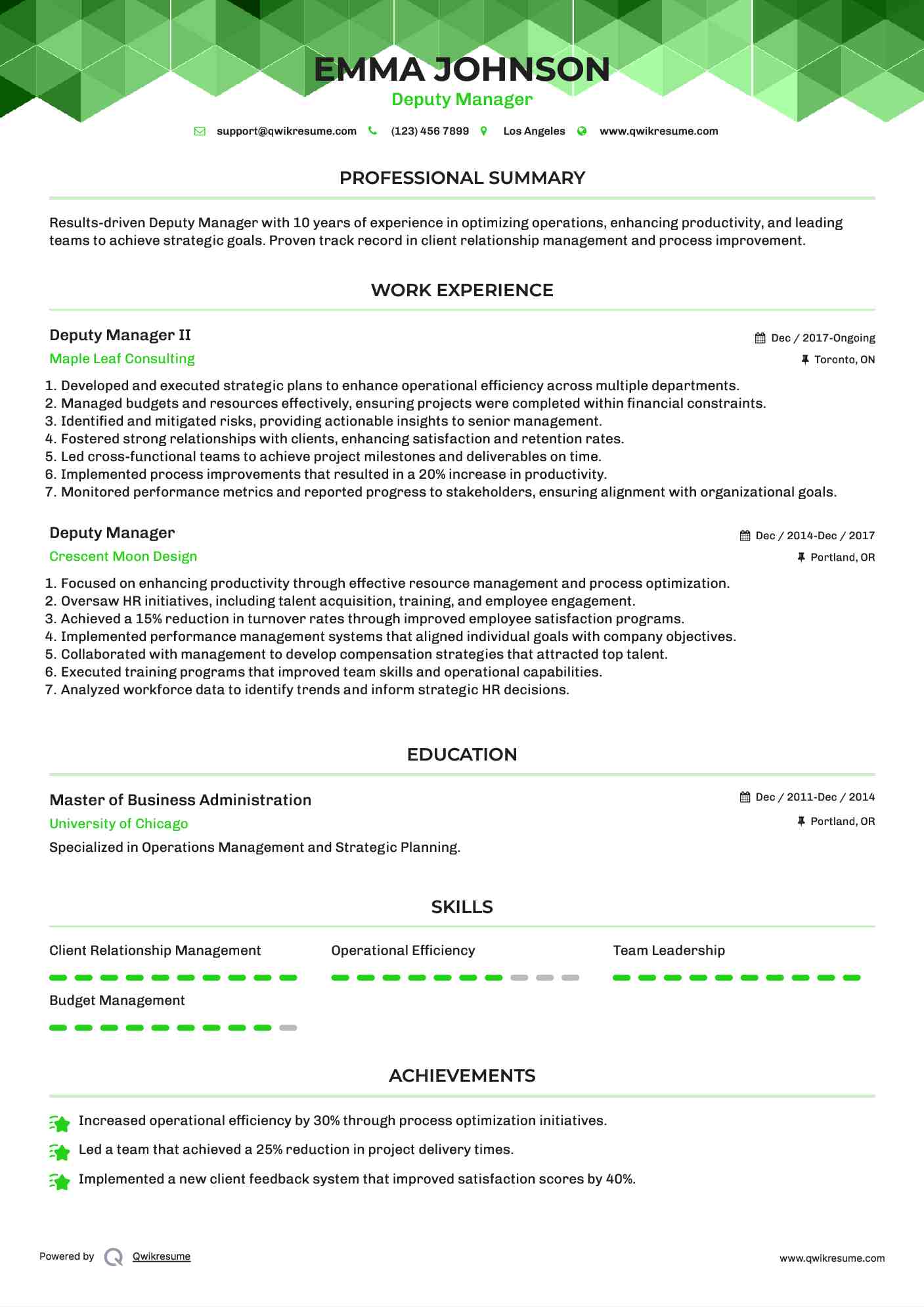 Deputy Manager Resume Samples QwikResume
