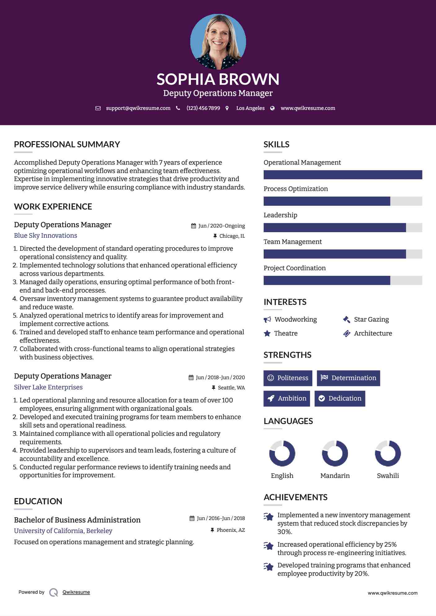 Deputy Operations Manager Resume Sample