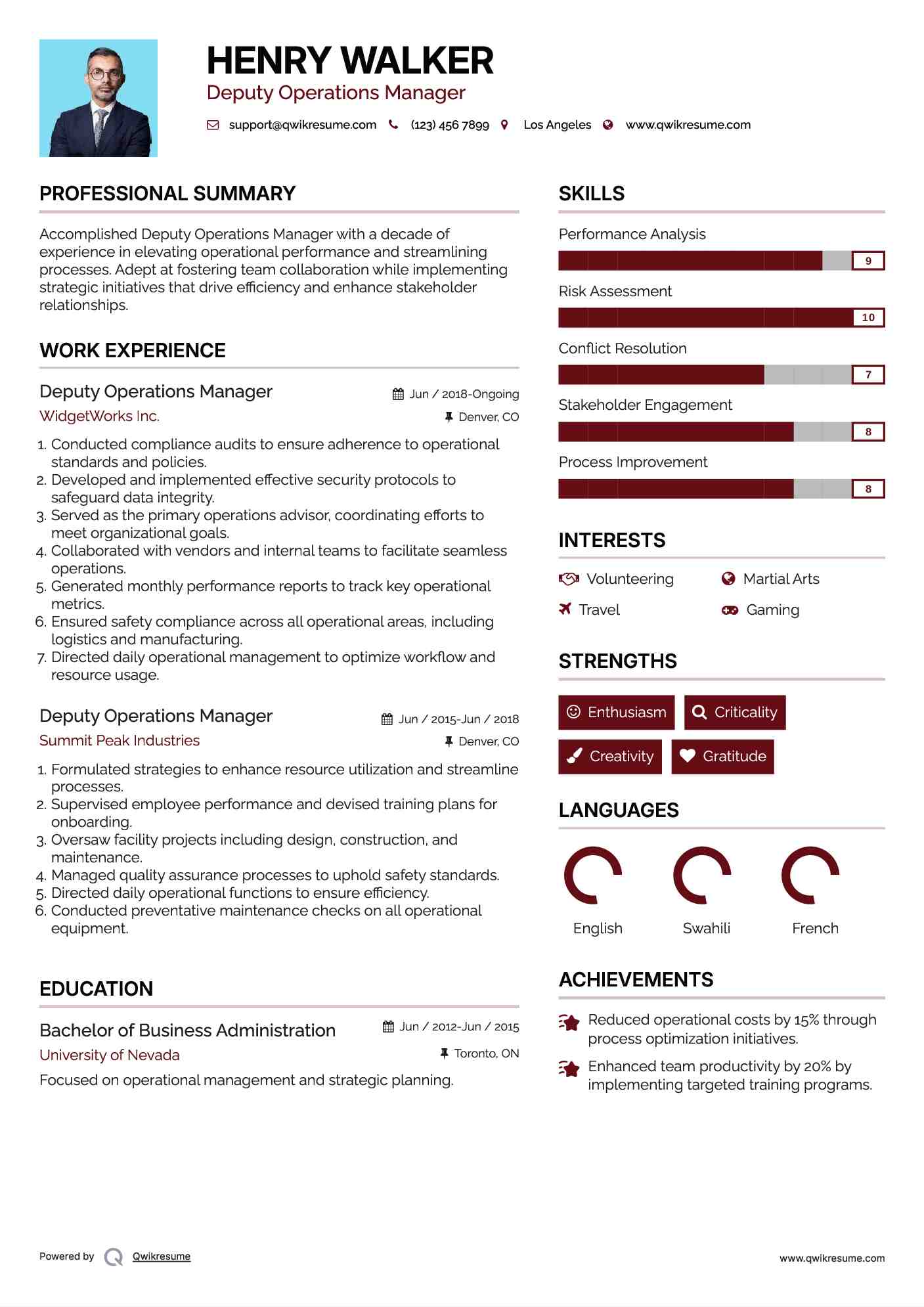 Deputy Operations Manager Resume Example
