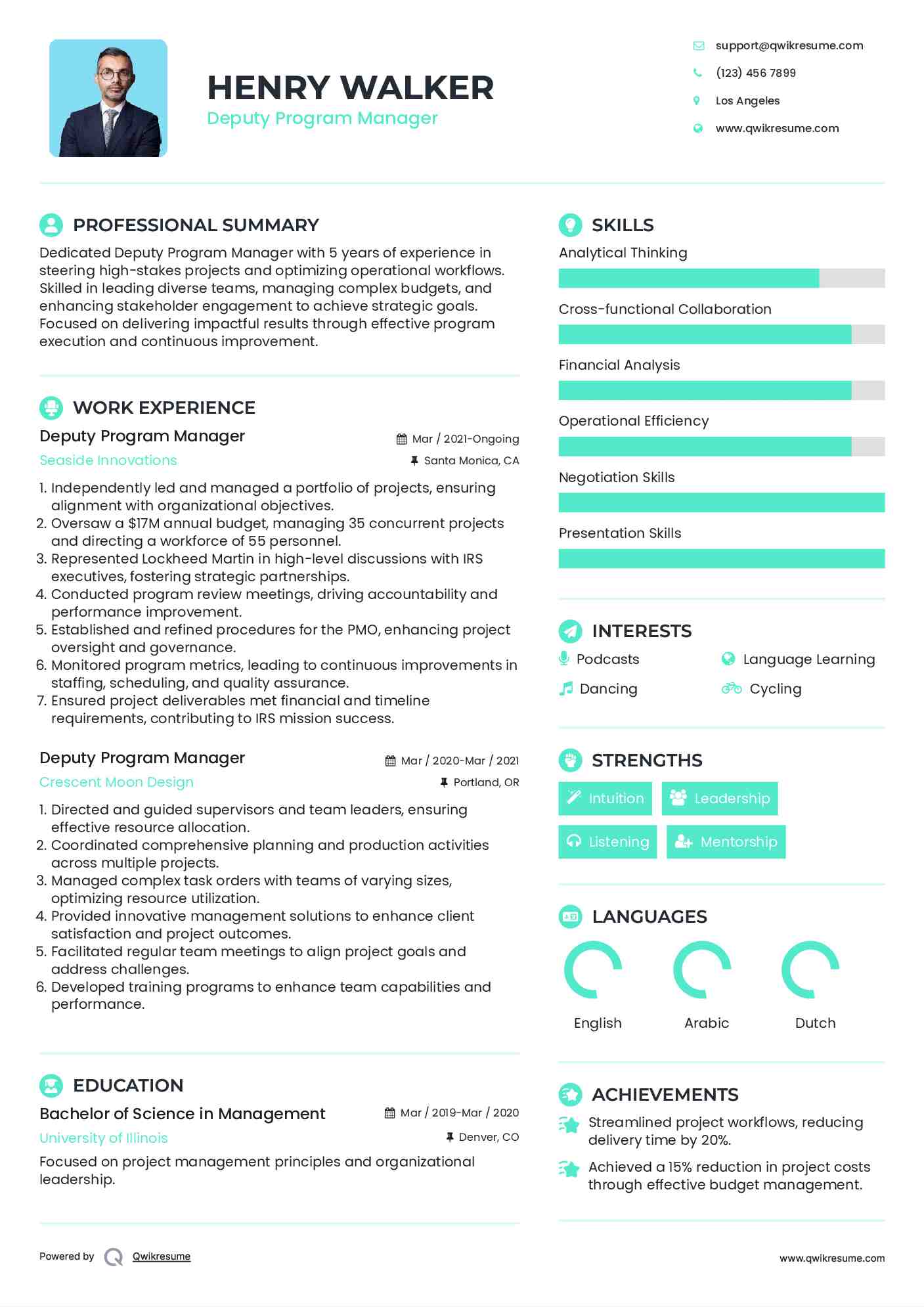 Deputy Program Manager Resume Sample