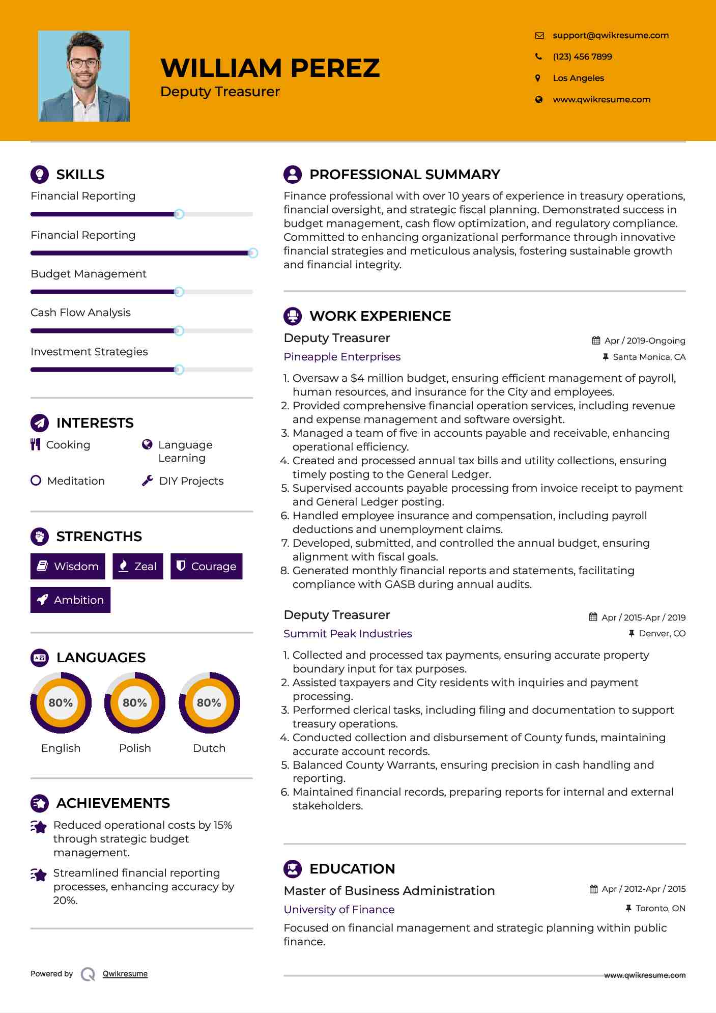 Deputy Treasurer Resume Example