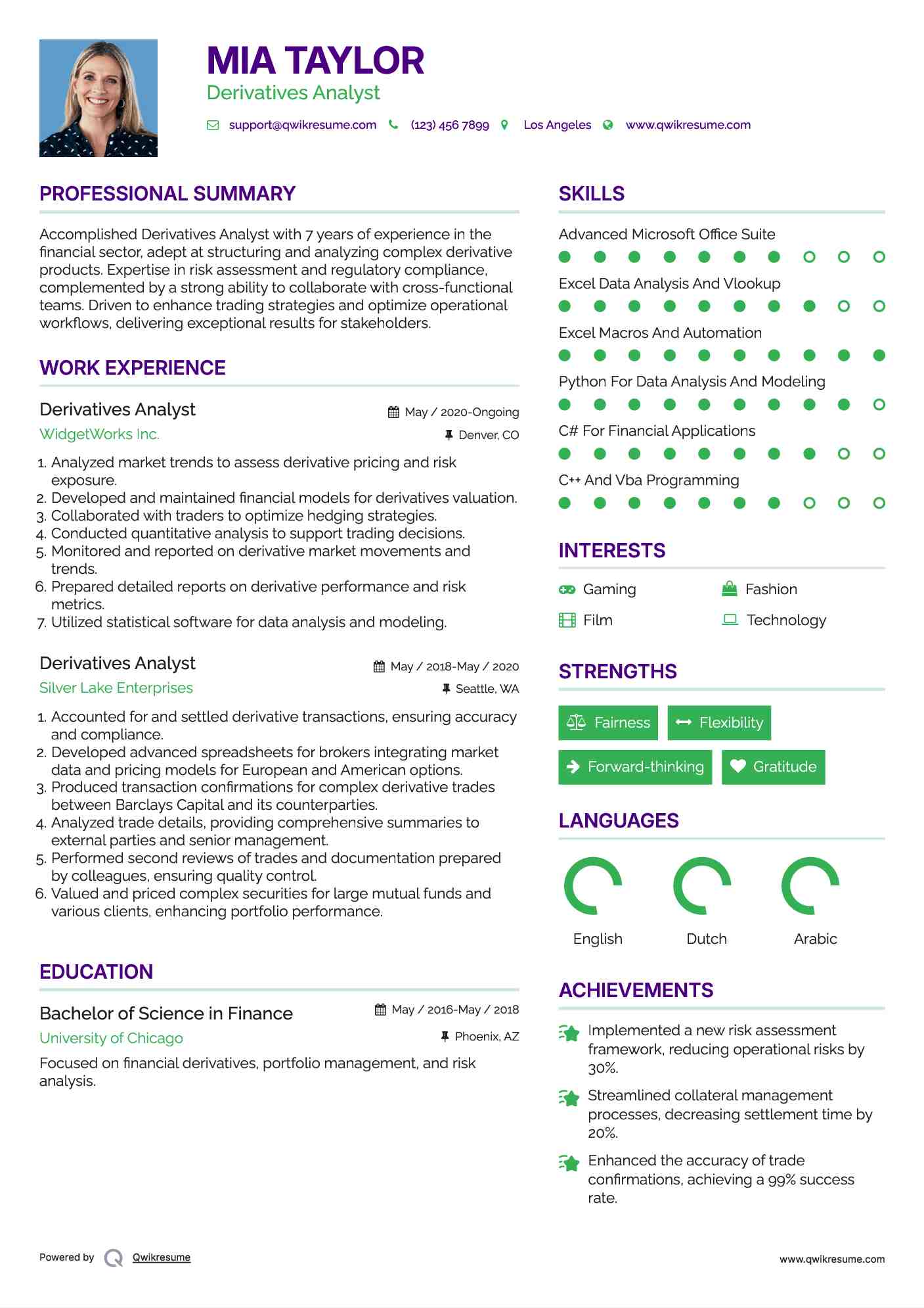 Derivatives Analyst Resume Sample