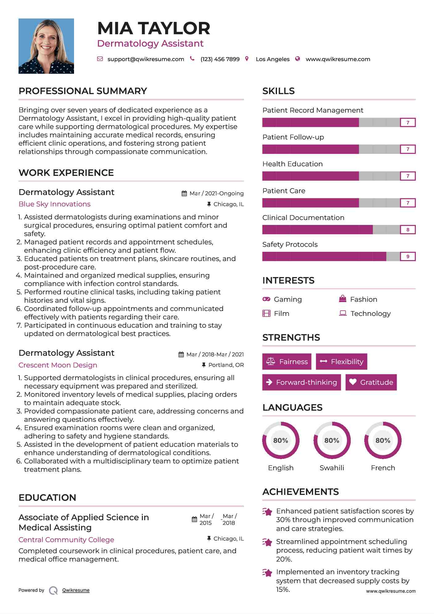 Dermatology Assistant Resume Example