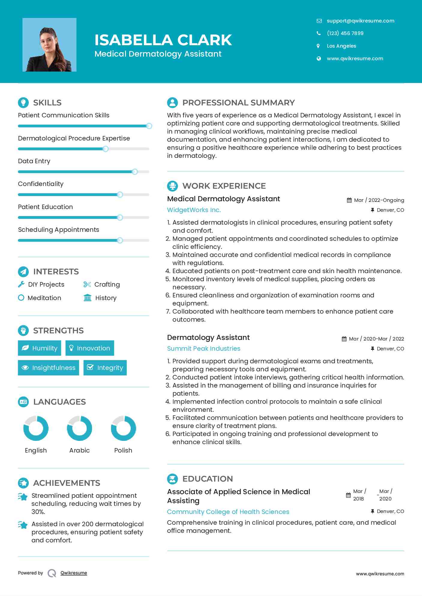 Medical Dermatology Assistant Resume Sample