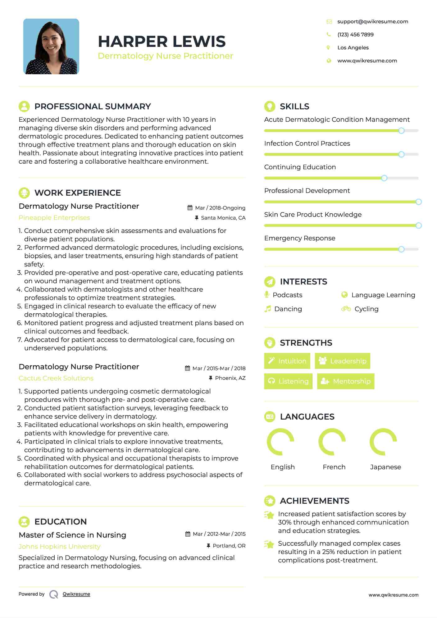 Dermatology Nurse Practitioner Resume Sample