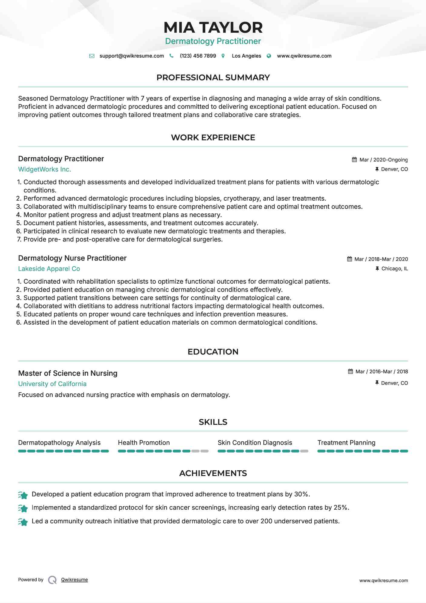Dermatology Practitioner Resume Example