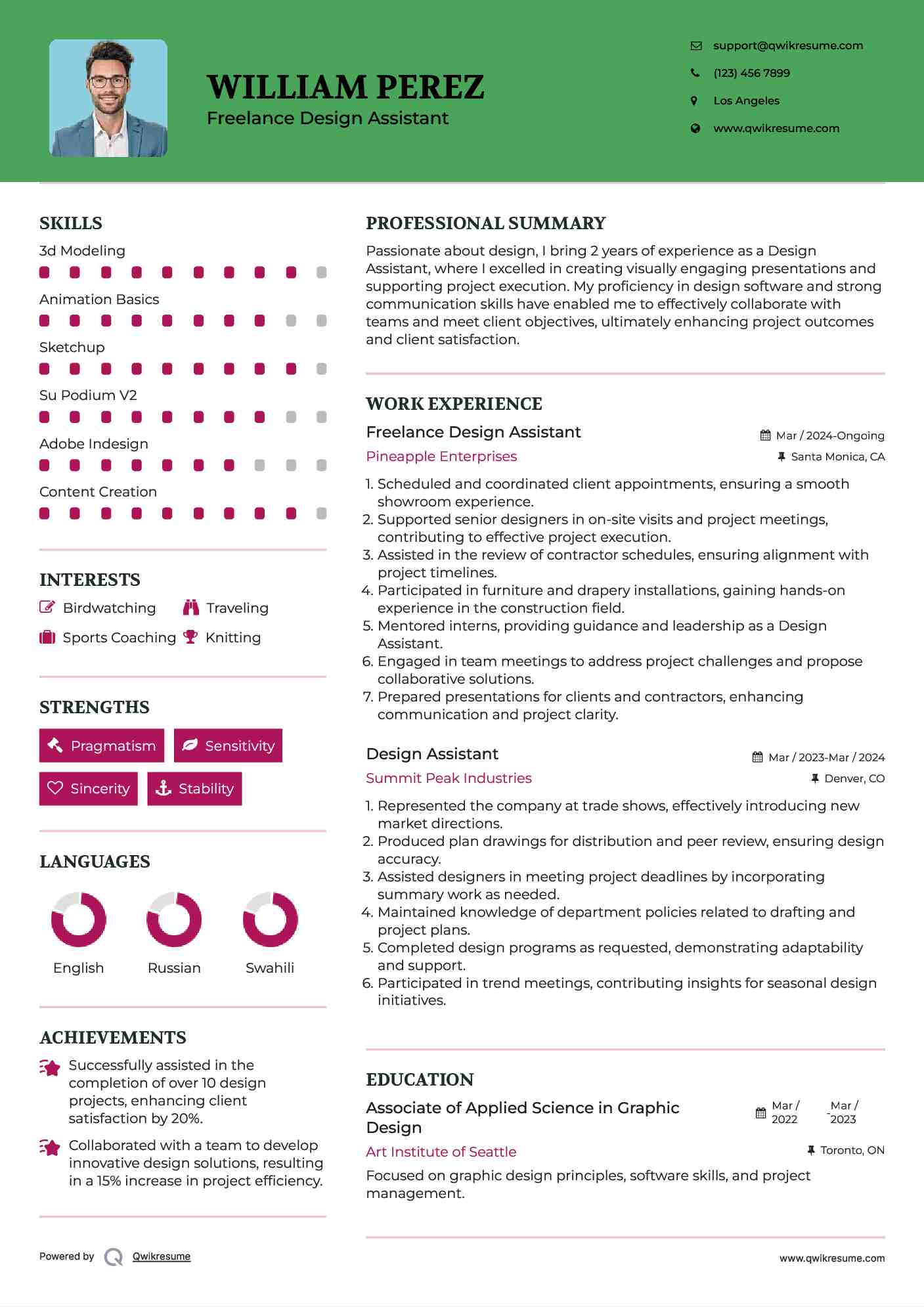 Freelance Design Assistant Resume Model
