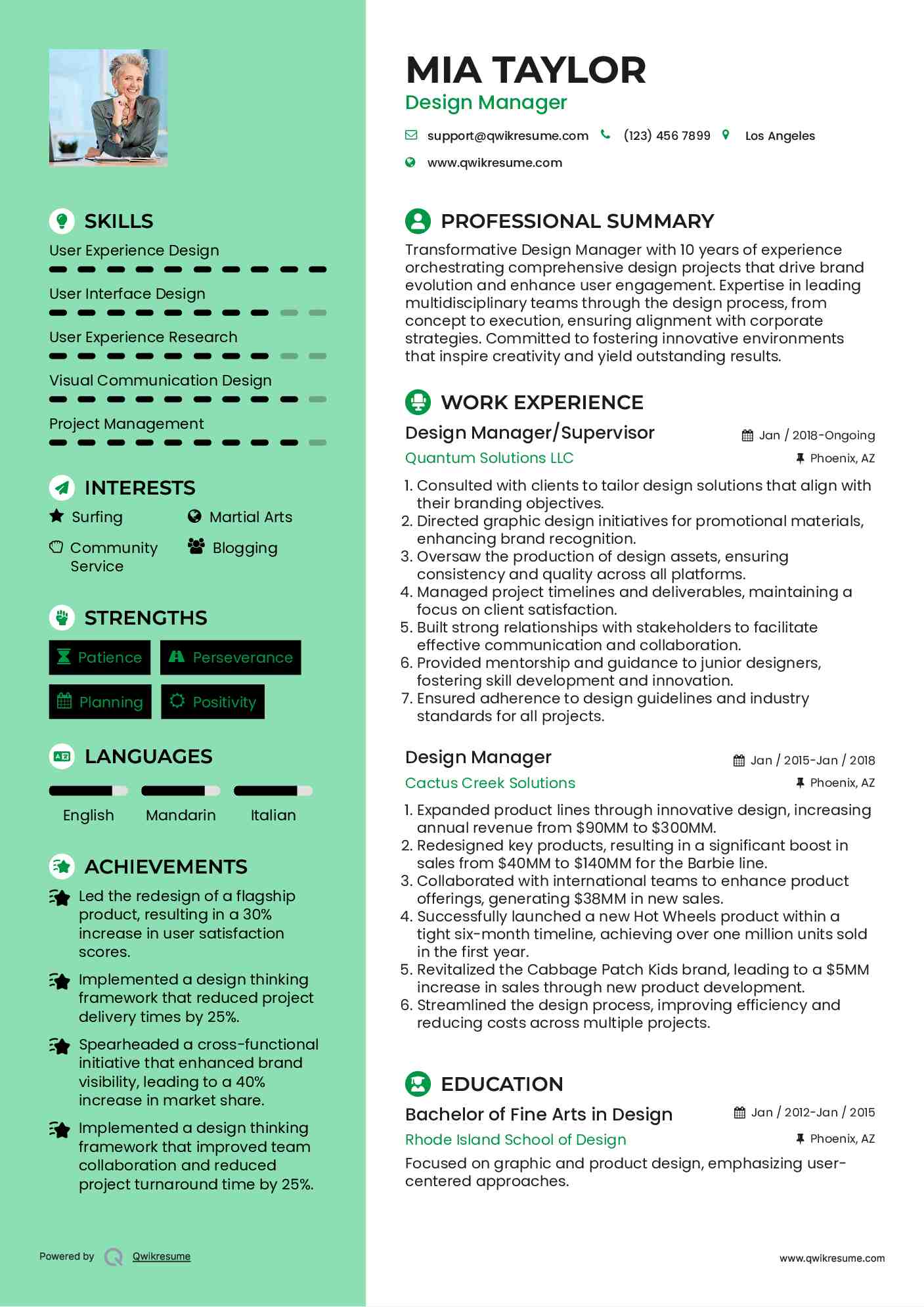 Design Manager/Supervisor Resume Format