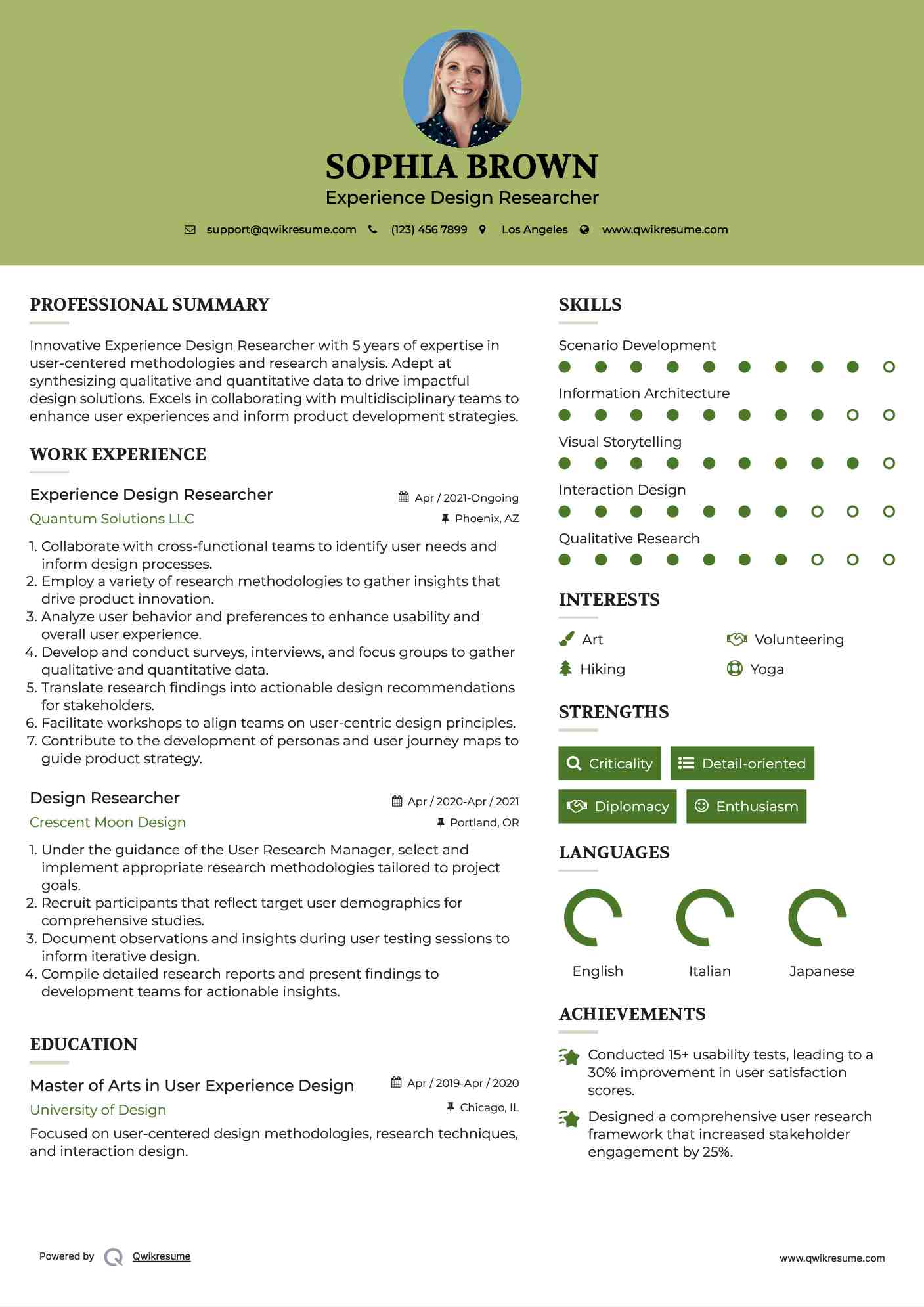 Experience Design Researcher Resume Sample
