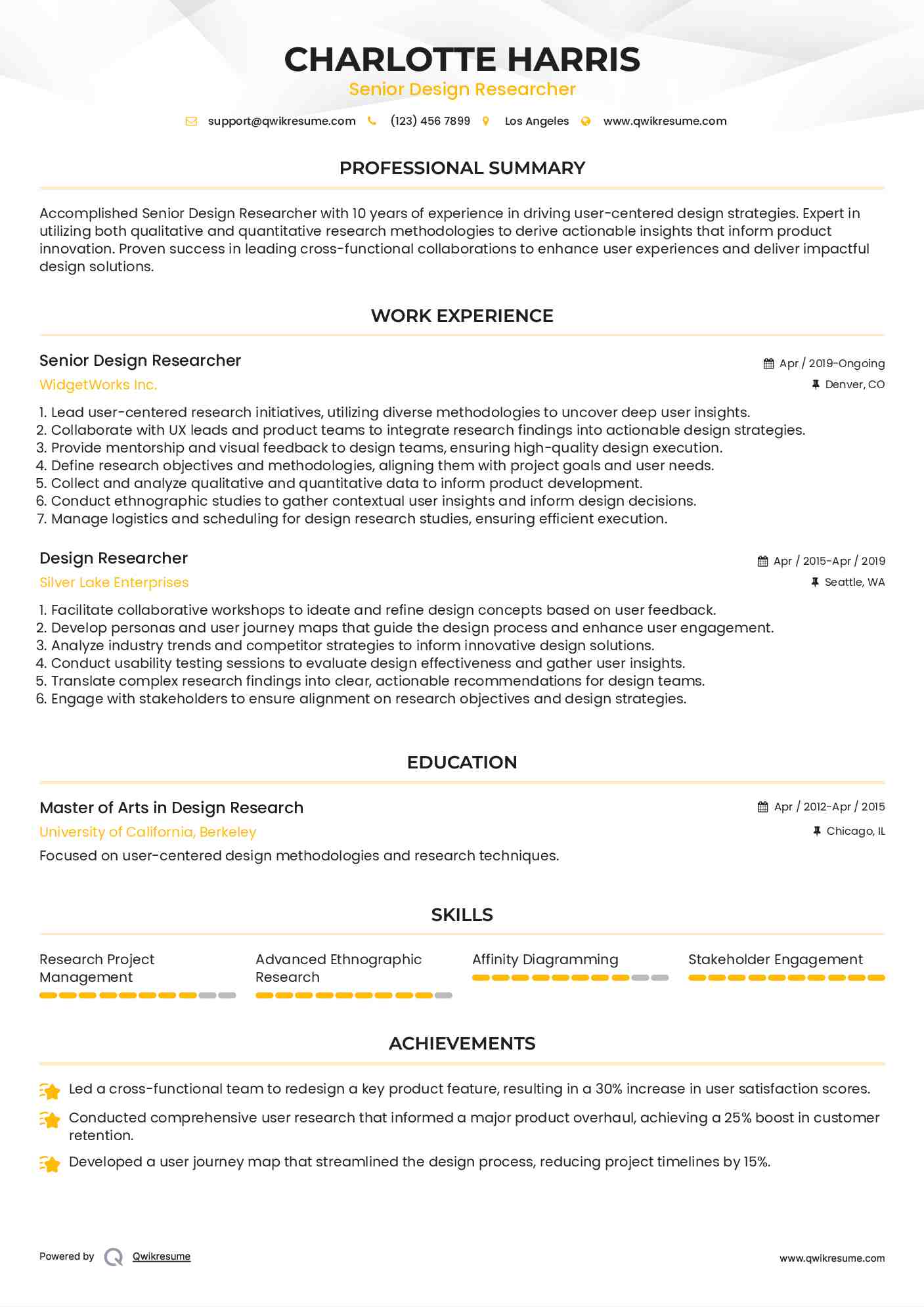 Senior Design Researcher Resume Model