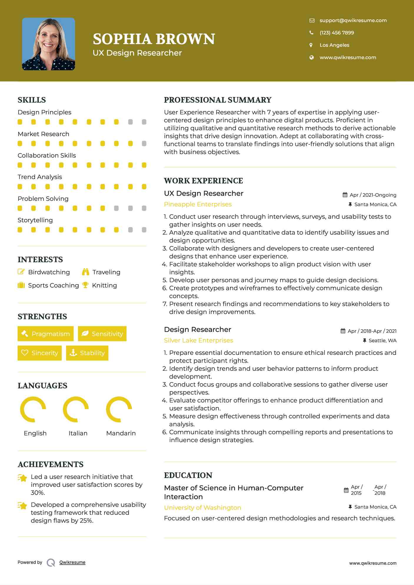 UX Design Researcher Resume Example