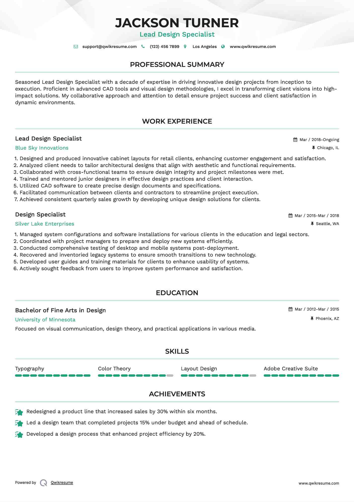 Lead Design Specialist Resume Format