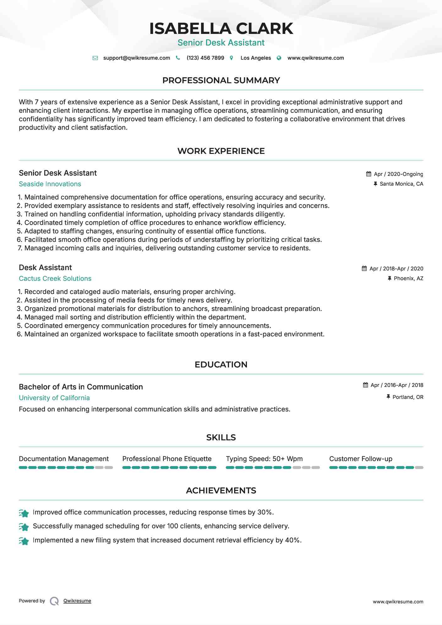Senior Desk Assistant Resume Format