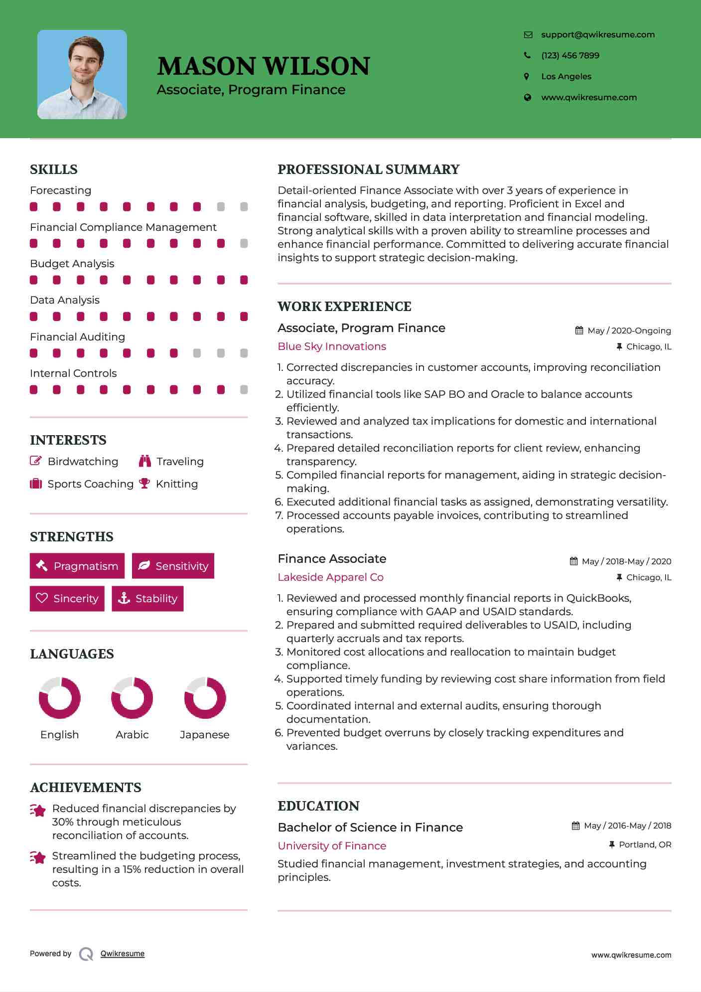 Associate, Program Finance Resume Example