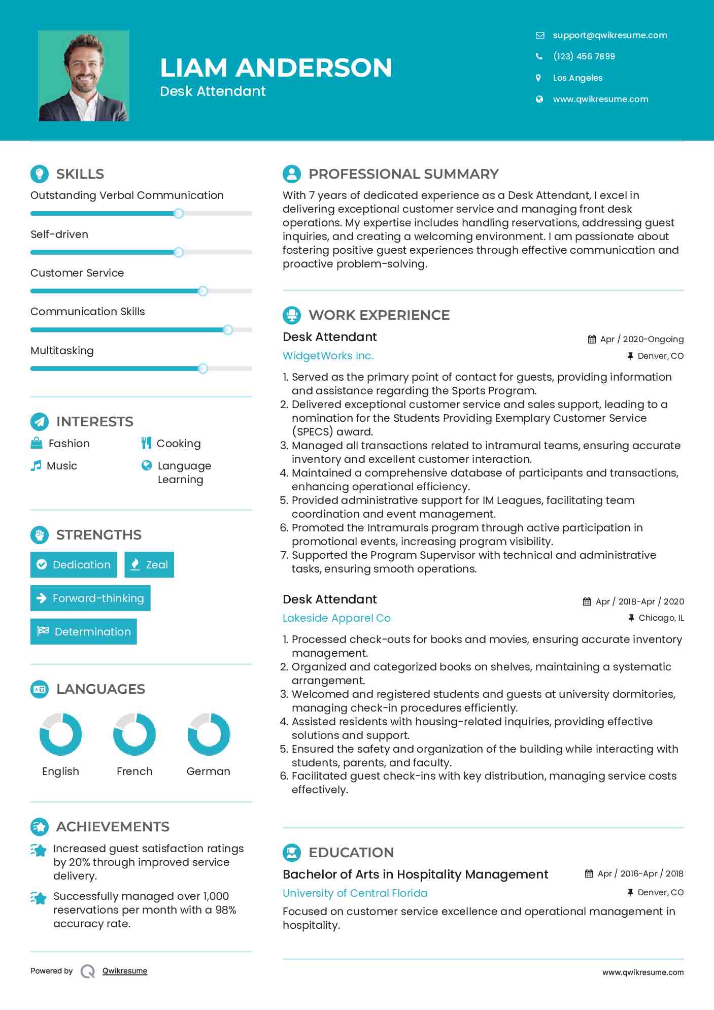 Desk Attendant Resume Example