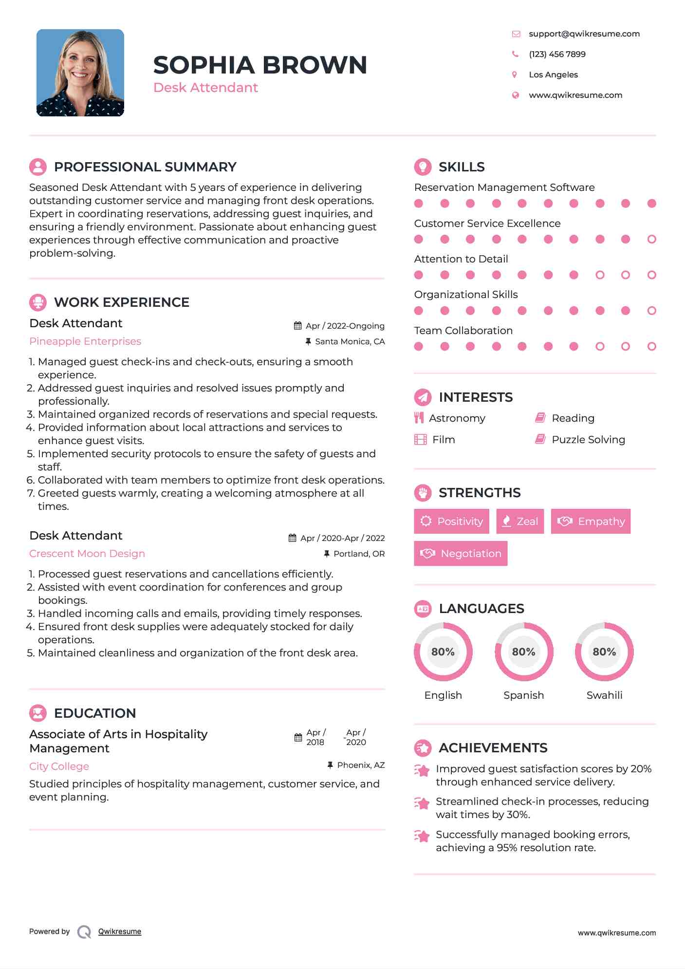 Desk Attendant Resume Template