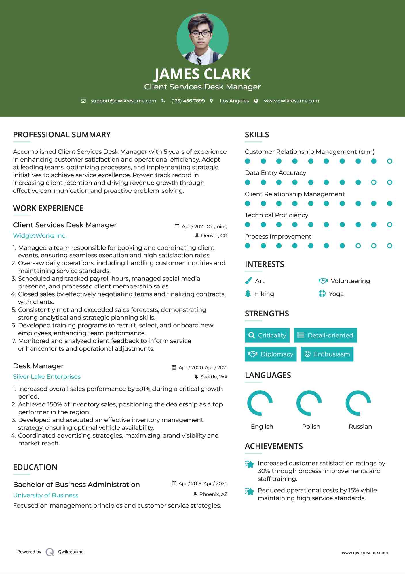 Client Services Desk Manager Resume Model