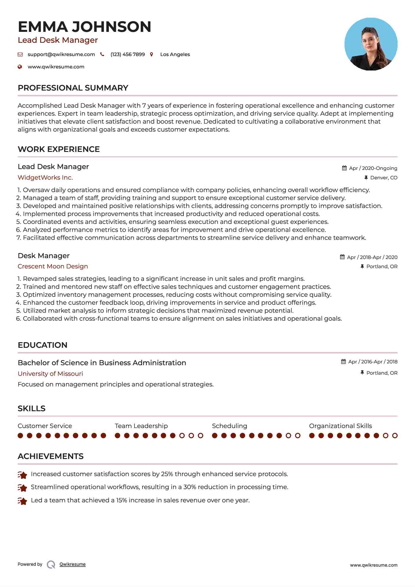 Lead Desk Manager Resume Template