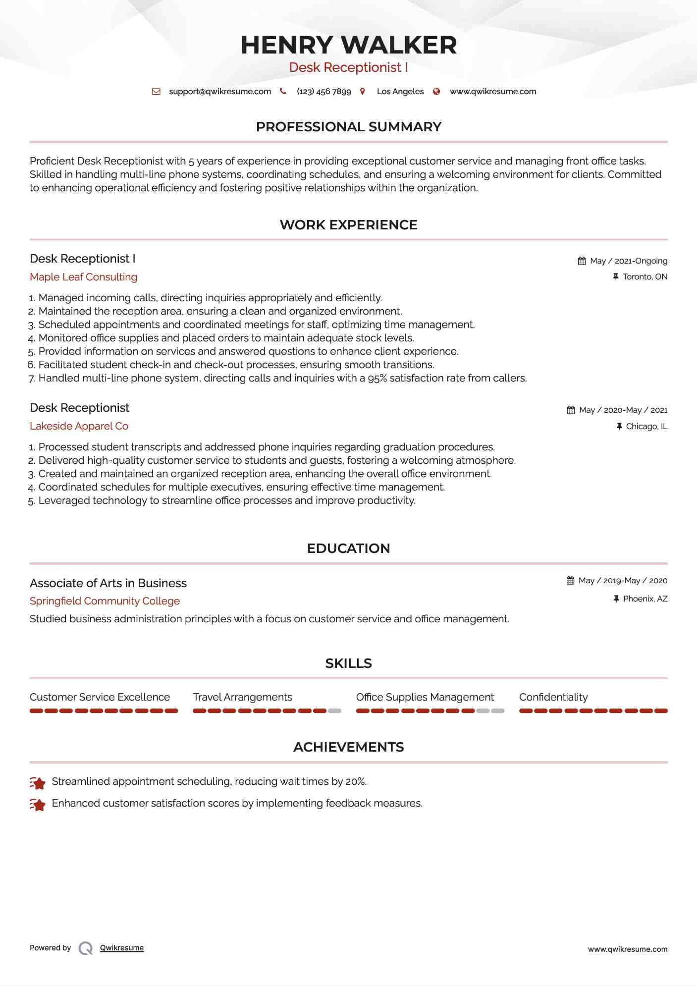 Desk Receptionist I Resume Format
