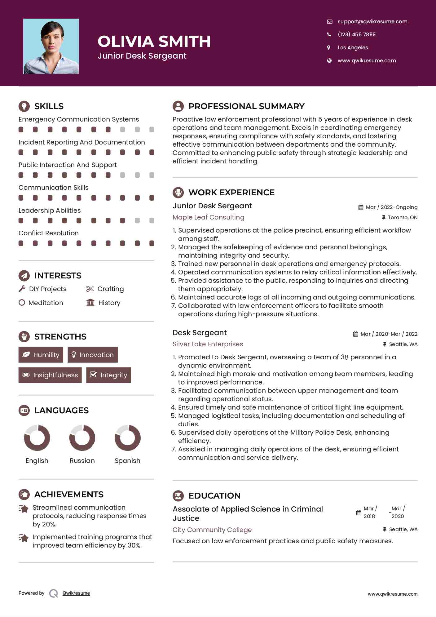 Junior Desk Sergeant Resume Model