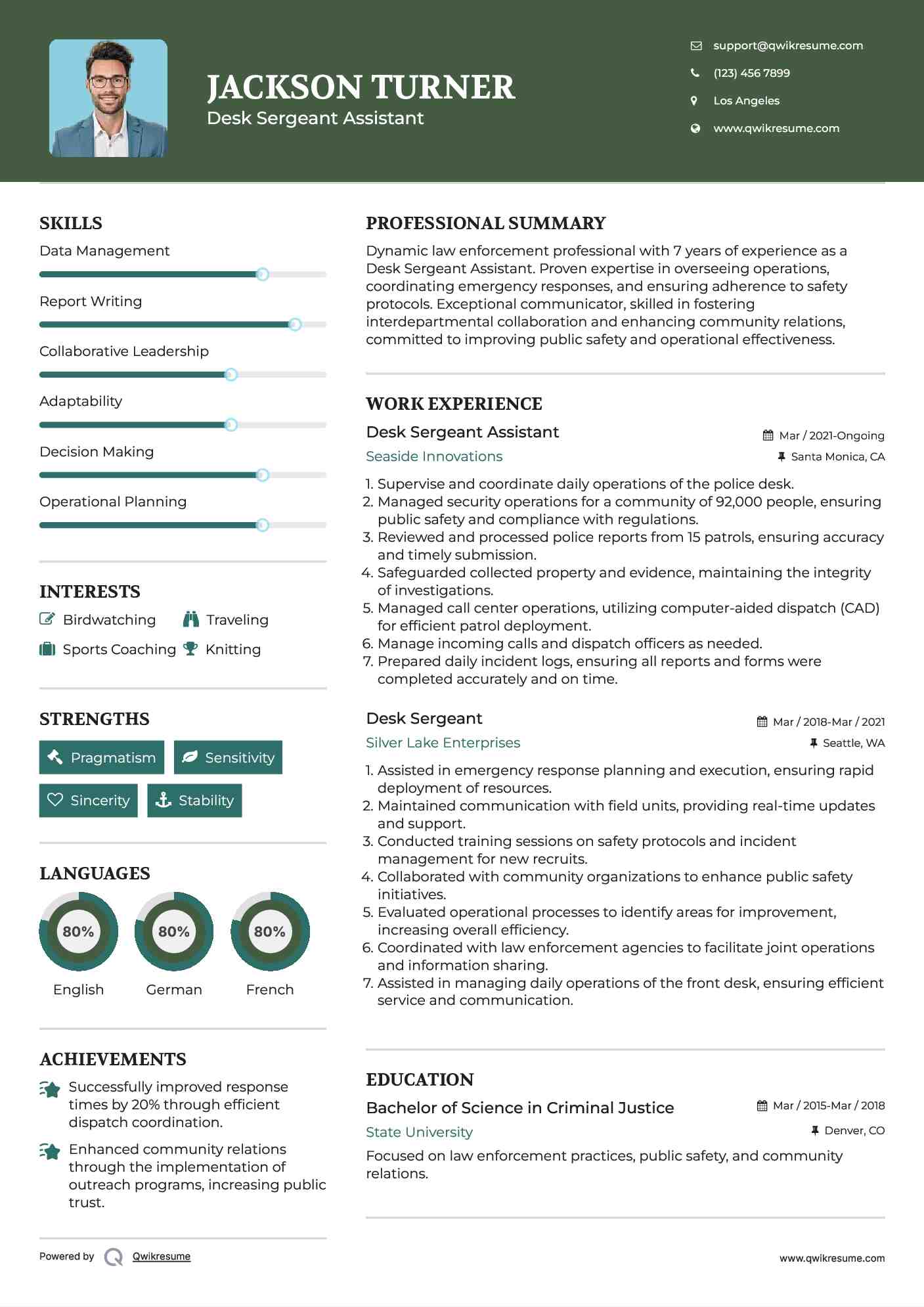 Desk Sergeant Assistant Resume Sample