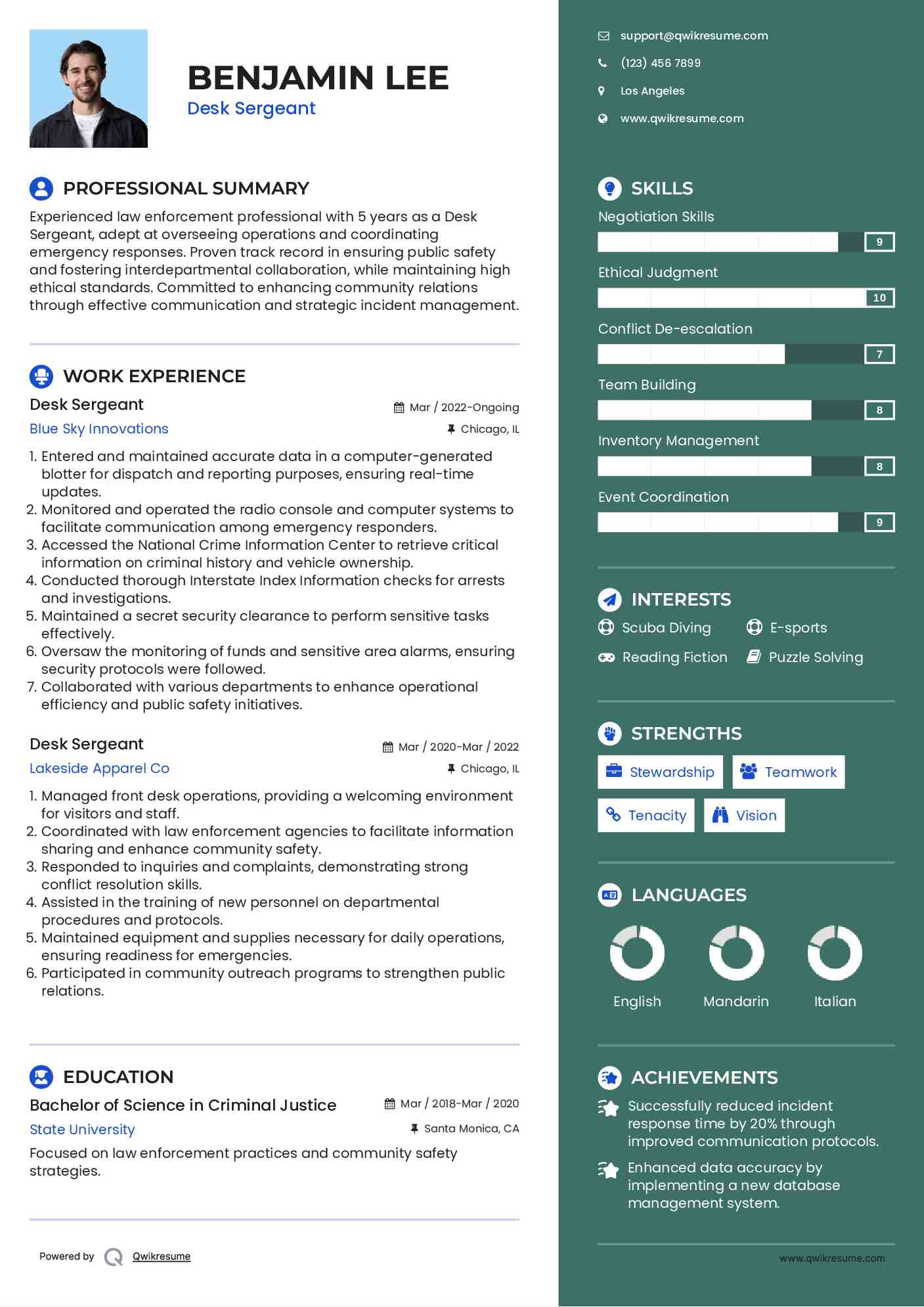 Desk Sergeant Resume Samples QwikResume