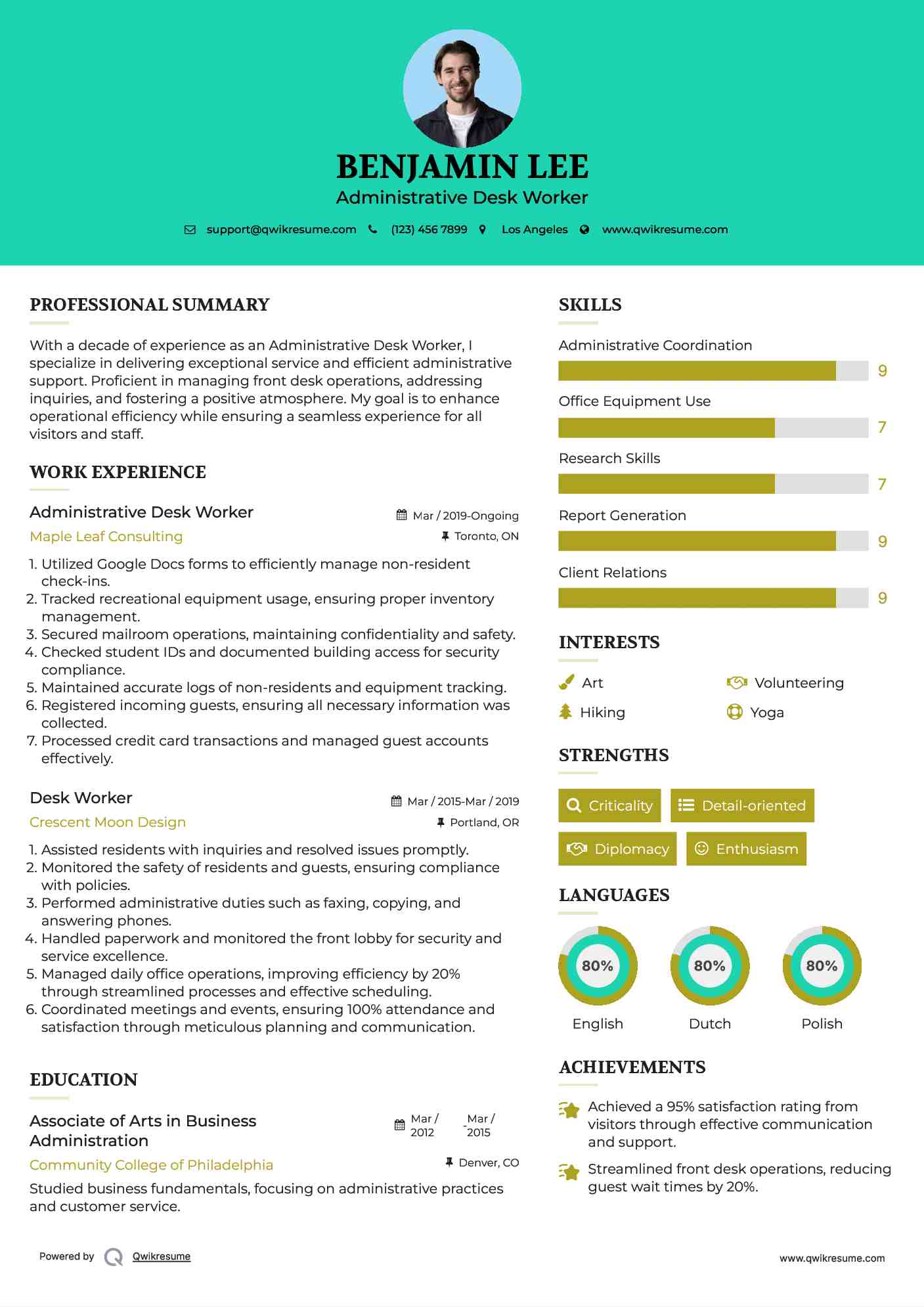 Administrative Desk Worker Resume Sample