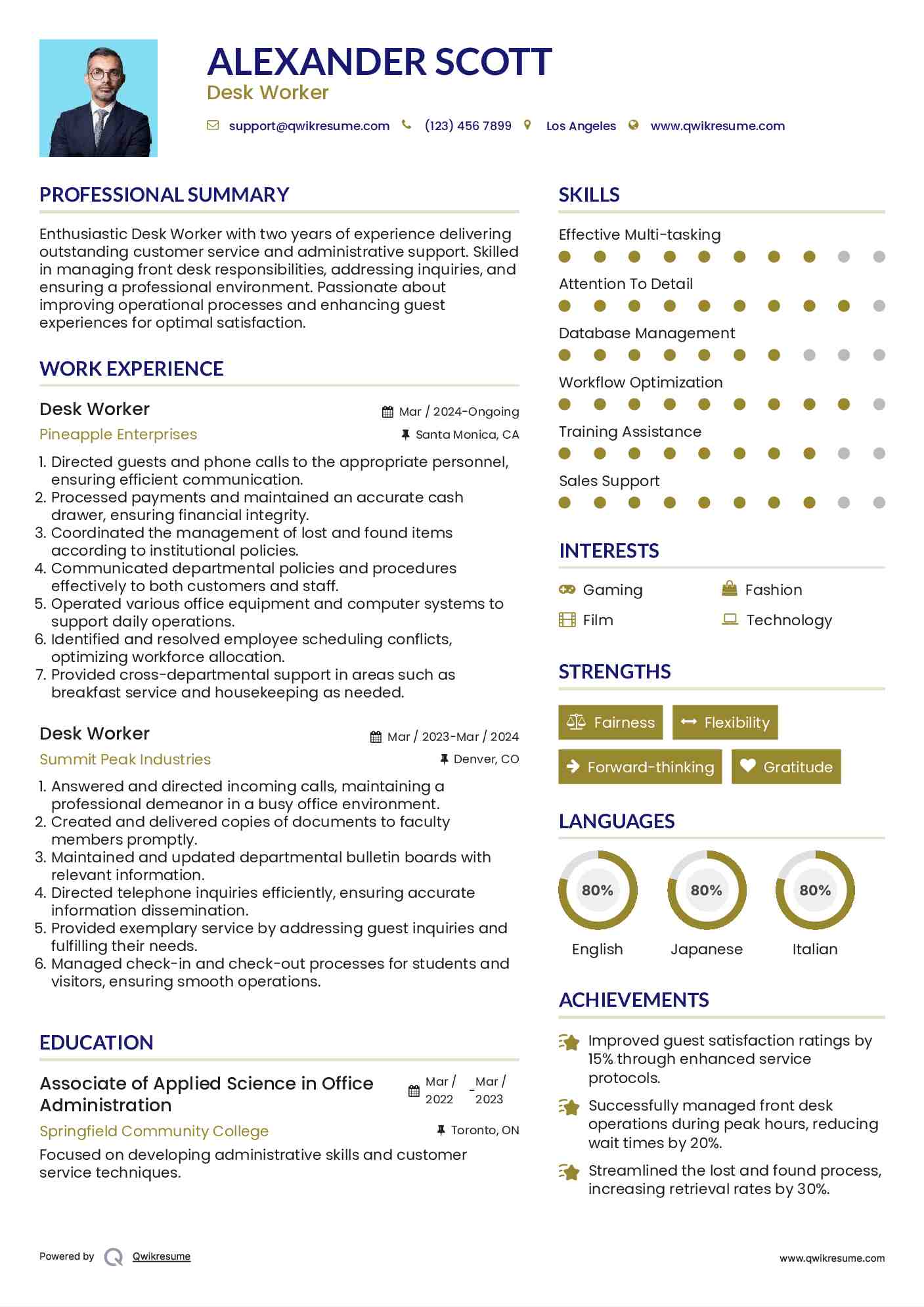 Desk Worker Resume Example