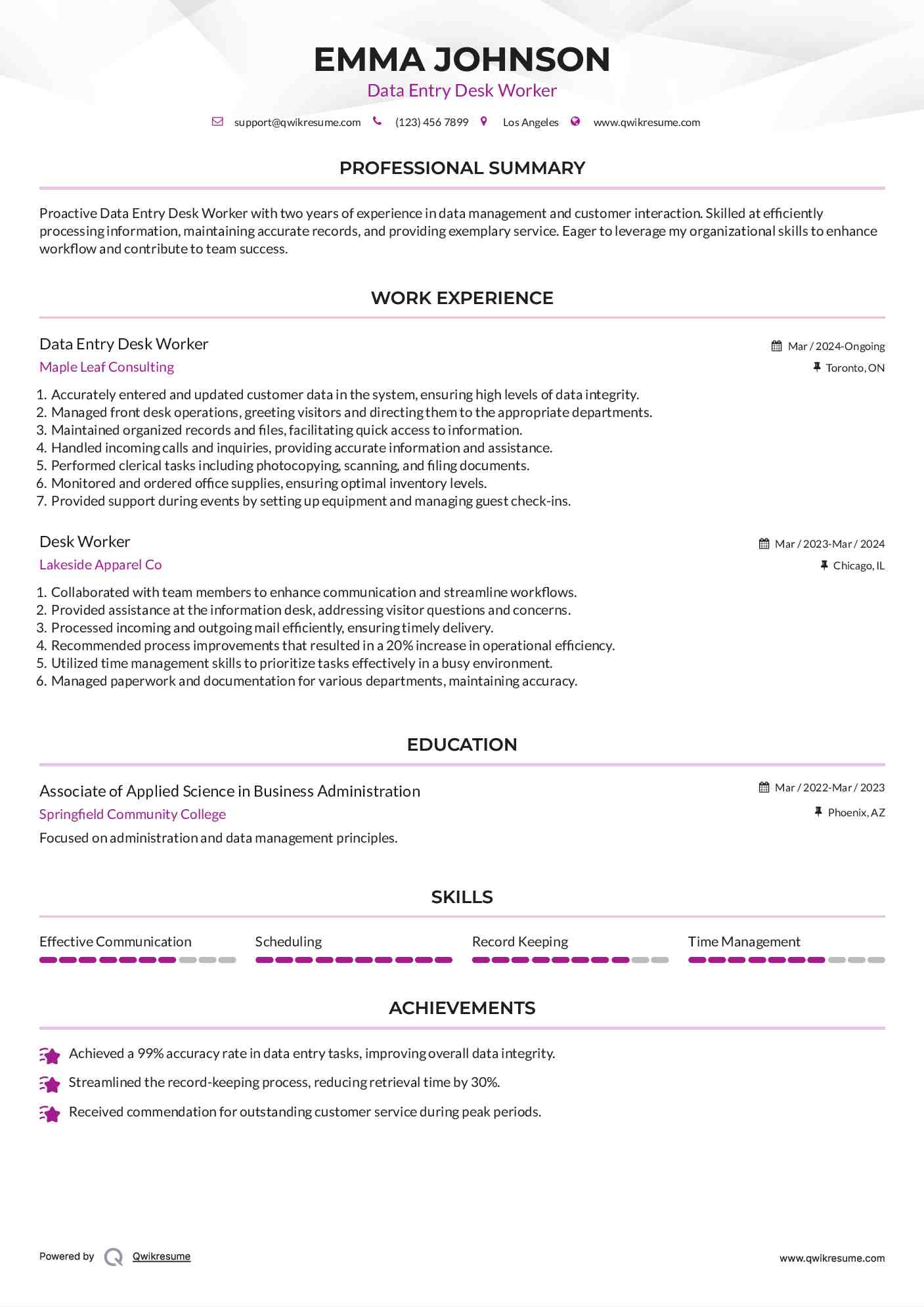 Data Entry Desk Worker Resume Model