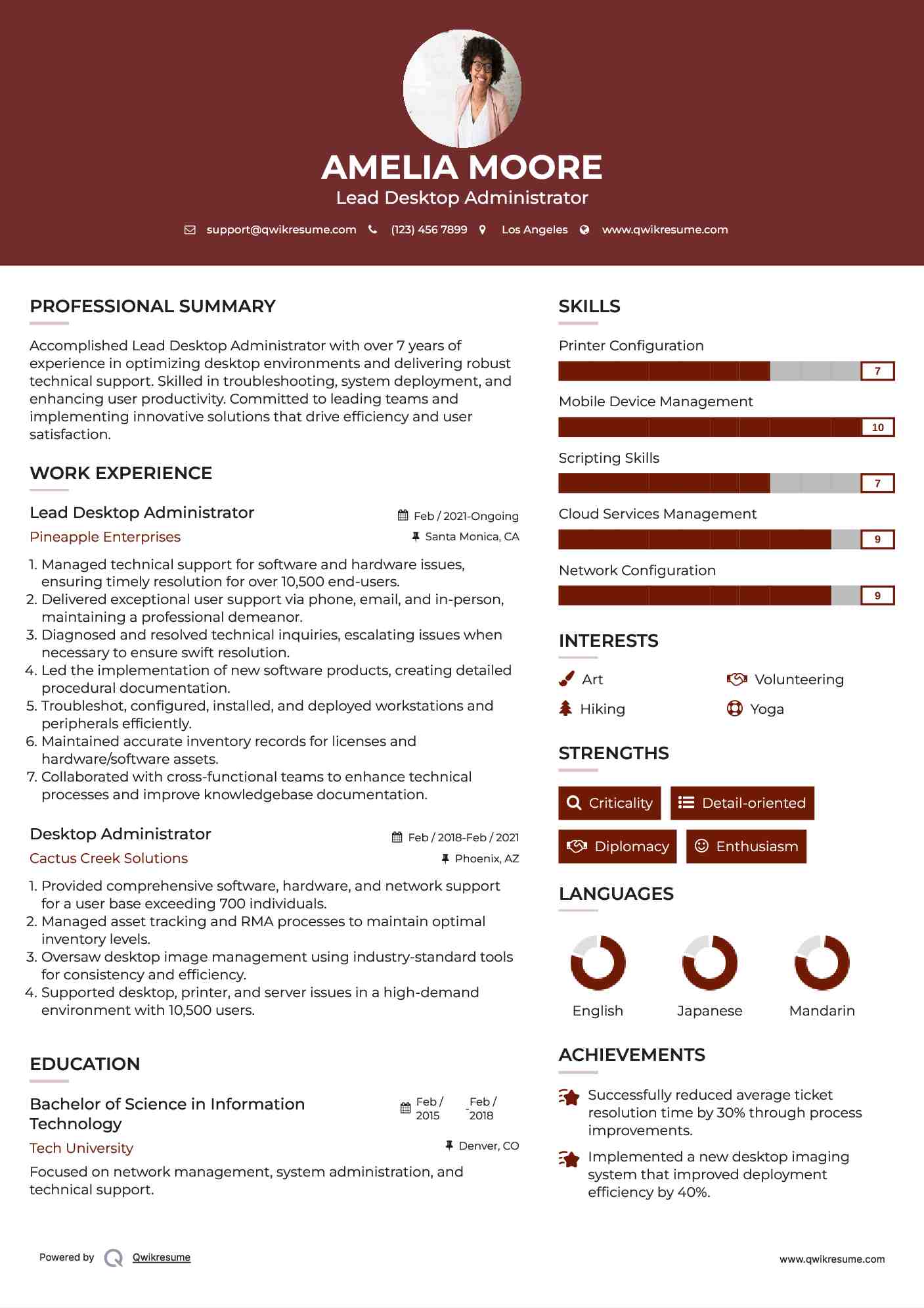 Lead Desktop Administrator Resume Model