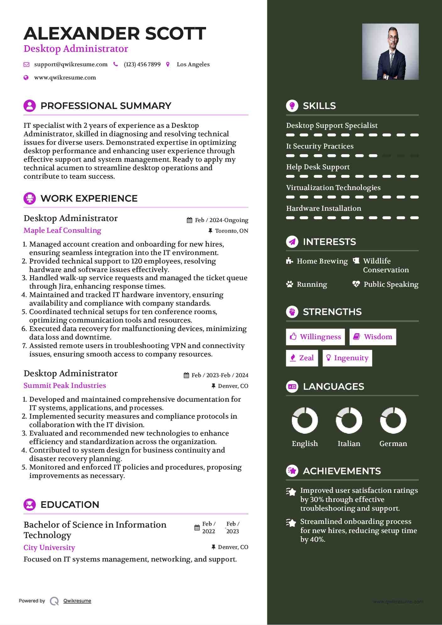 Desktop Administrator Resume example