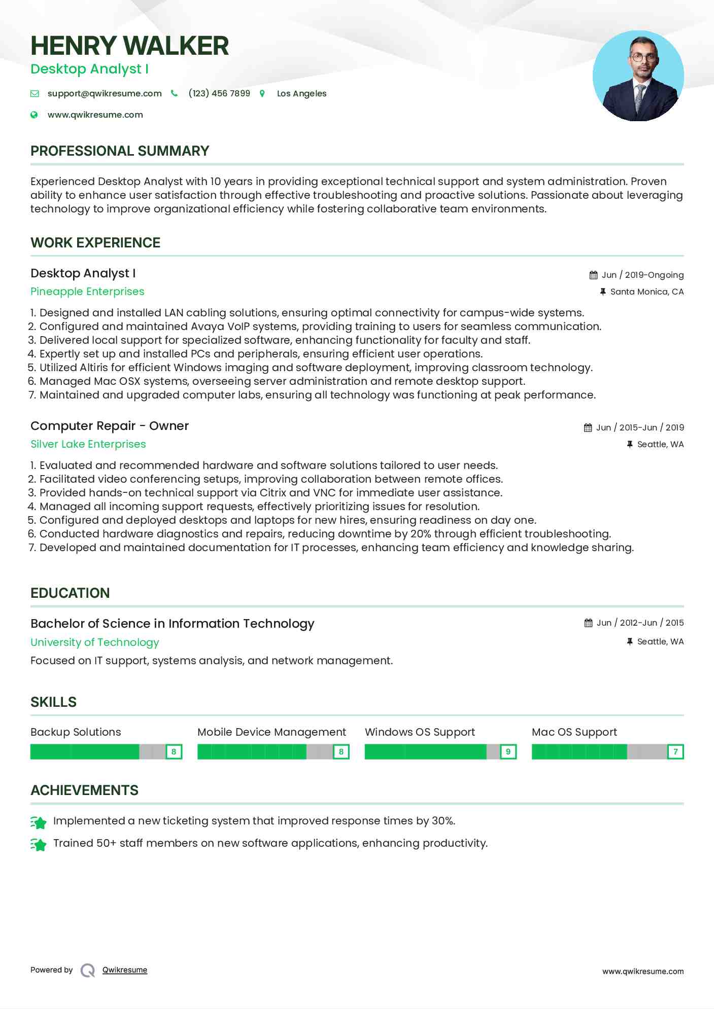 Desktop Analyst I Resume Template