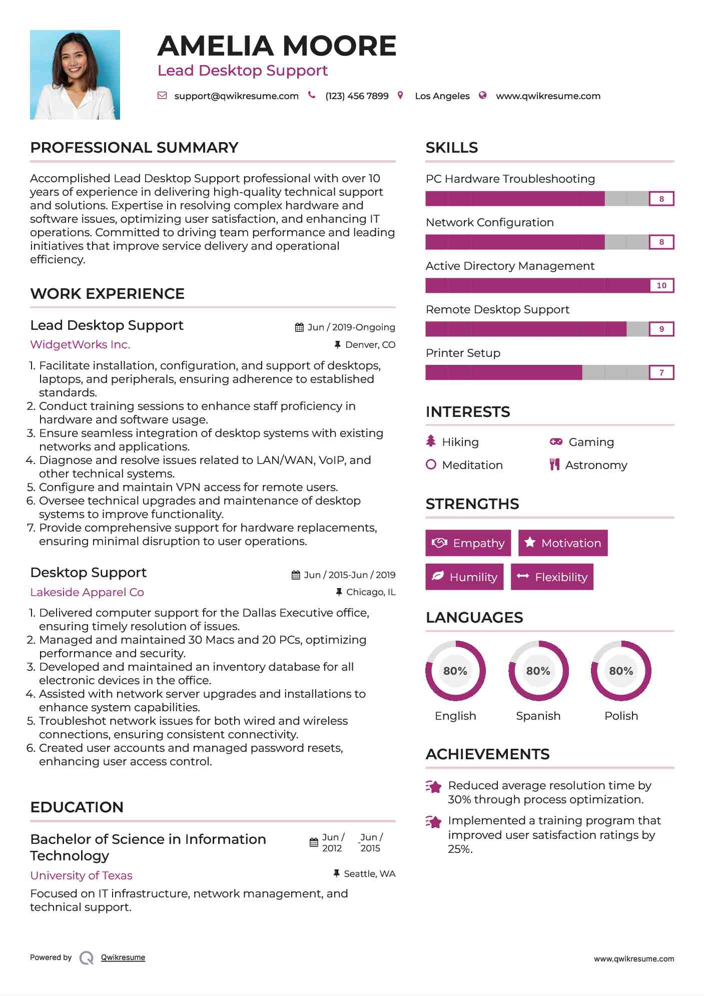 Lead Desktop Support Resume Example