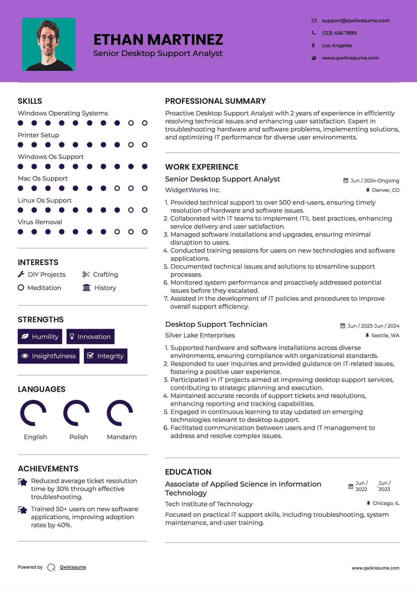 Senior Desktop Support Analyst Resume Format