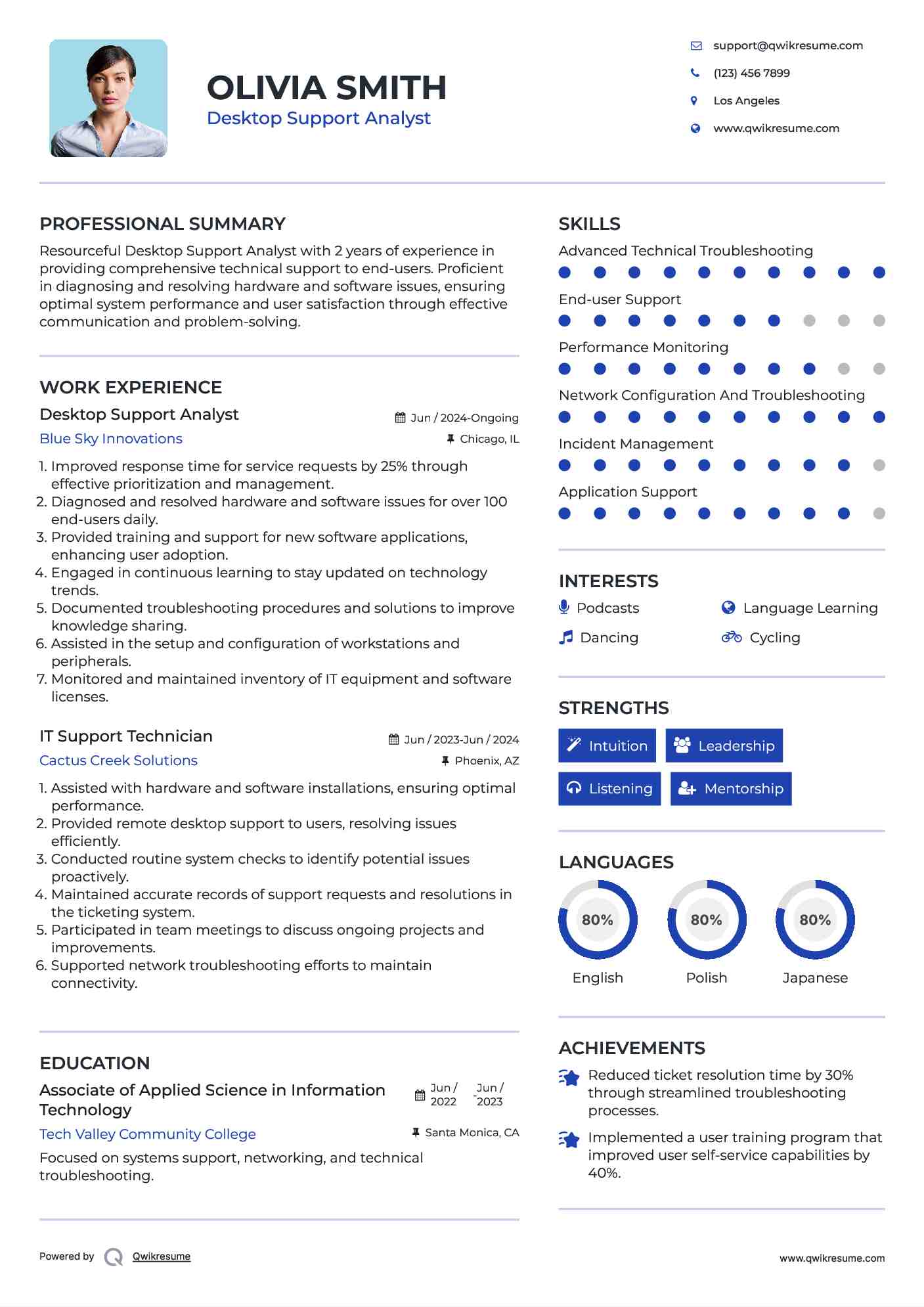 Desktop Support Analyst Resume Sample