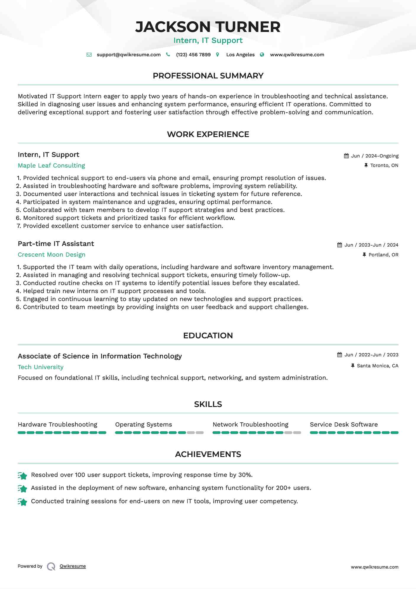 Intern, IT Support Resume Template