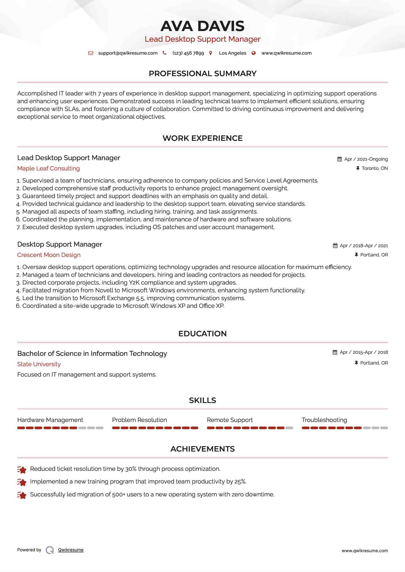 Lead Desktop Support Manager Resume Format