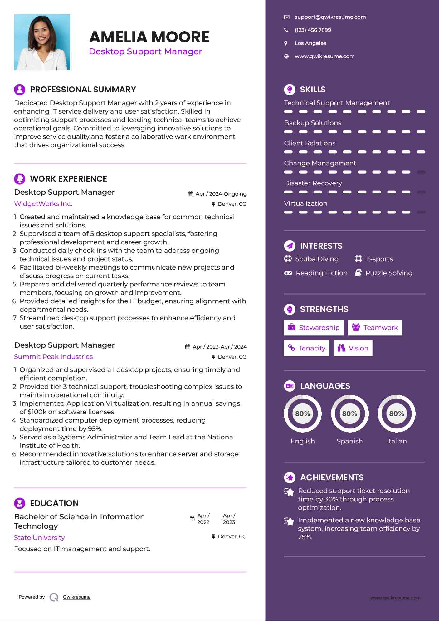 Desktop Support Manager Resume Sample