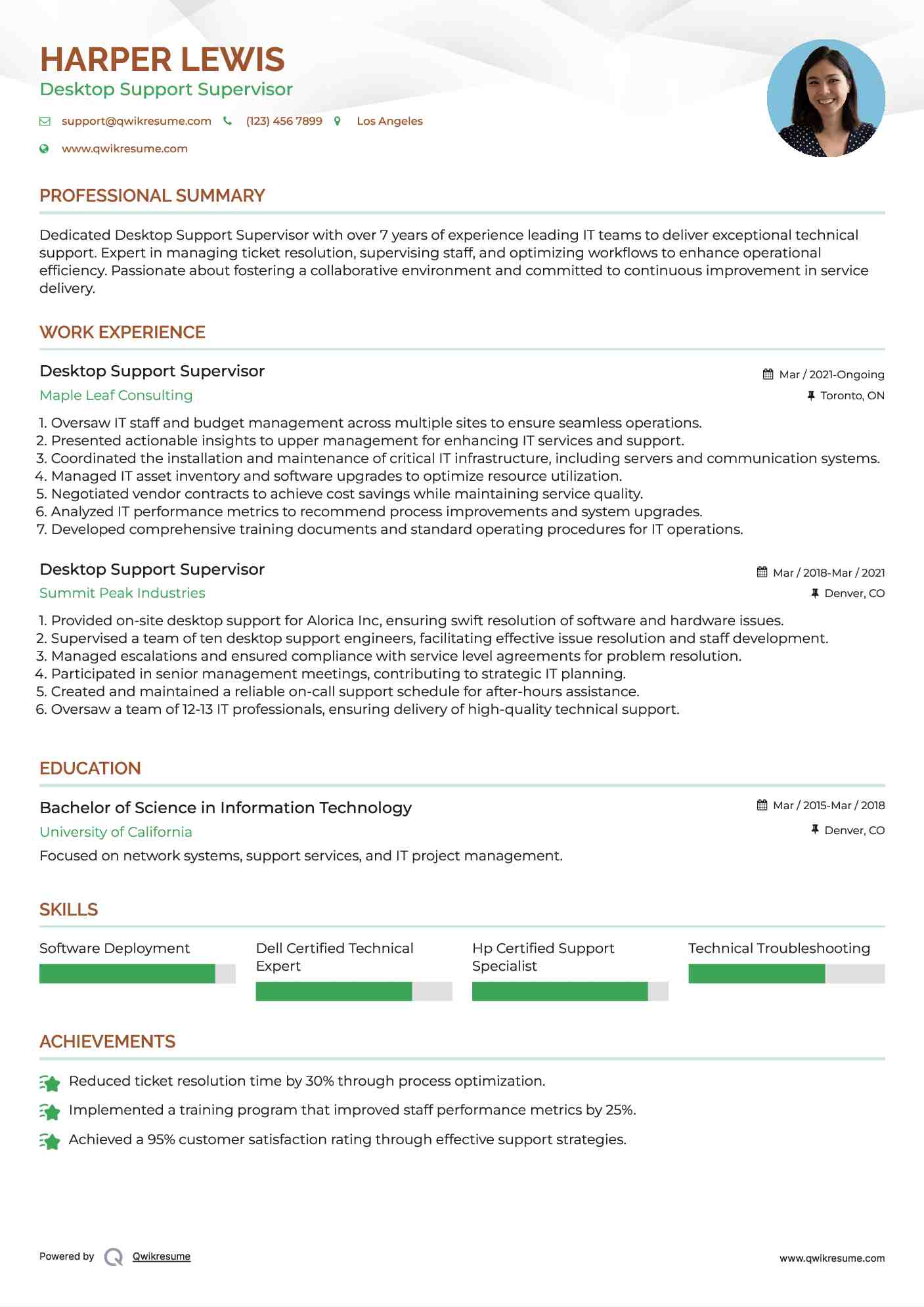 Desktop Support Supervisor Resume Model