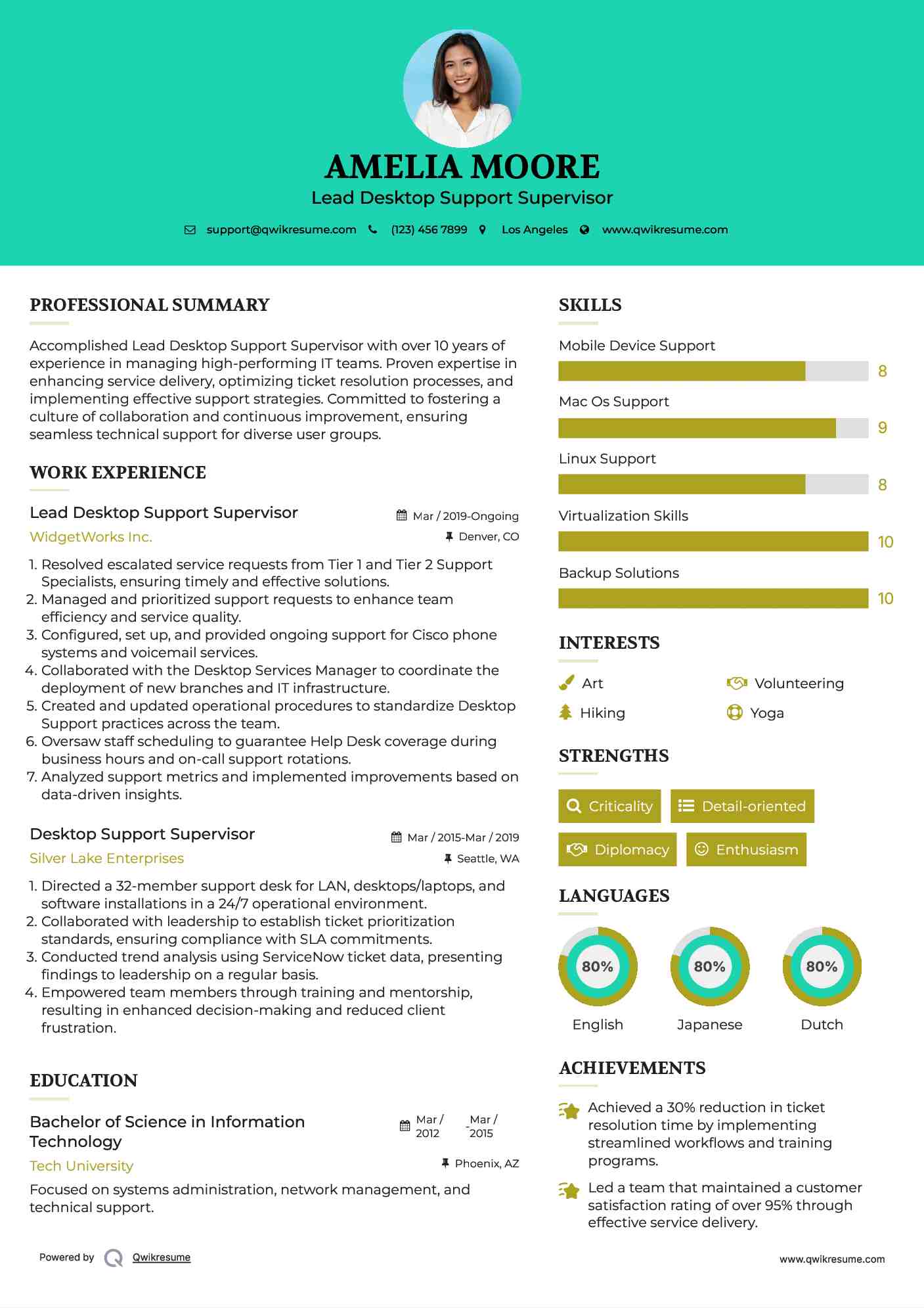 Lead Desktop Support Supervisor Resume Template