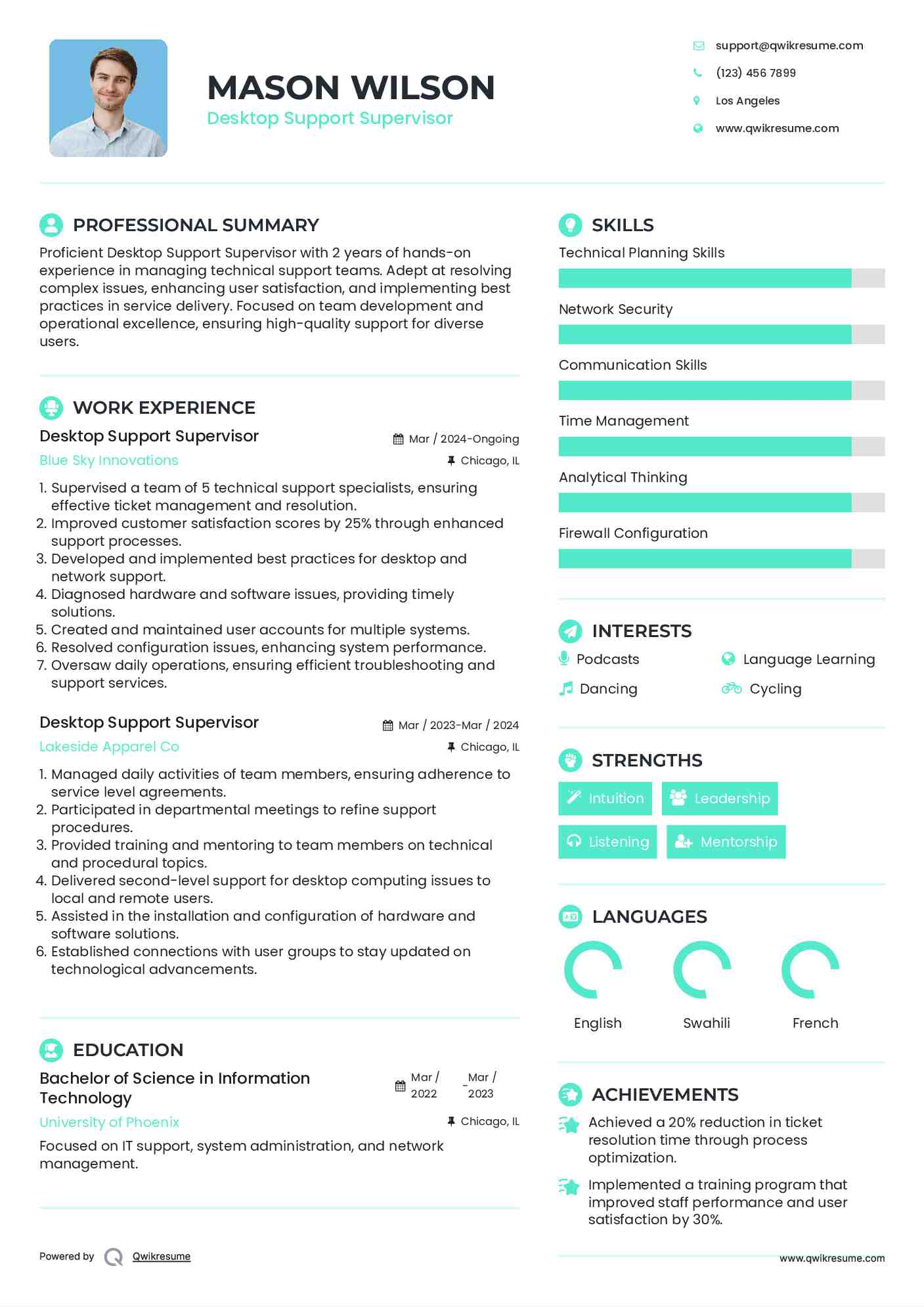 Desktop Support Supervisor Resume Template