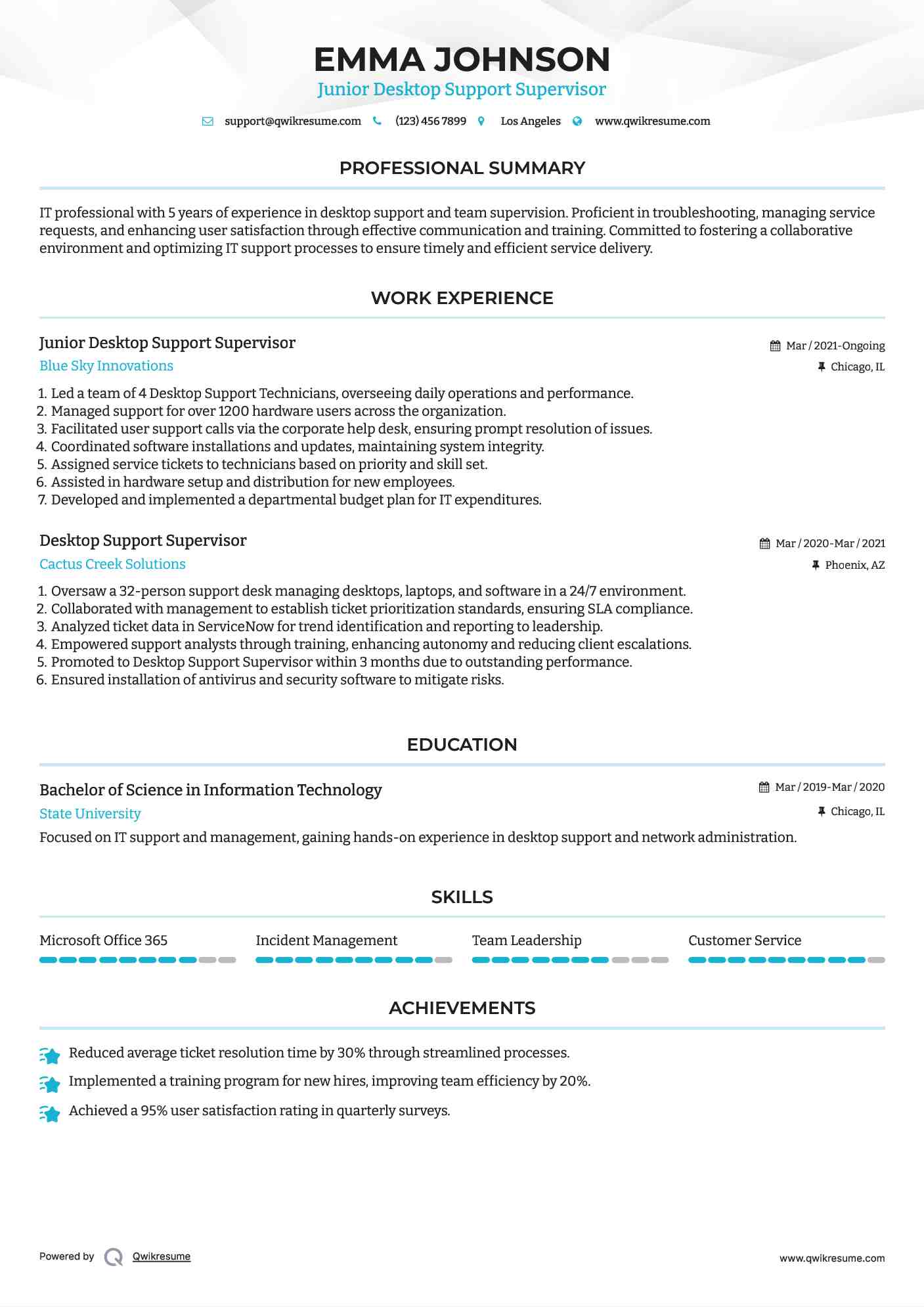 Junior Desktop Support Supervisor Resume Example