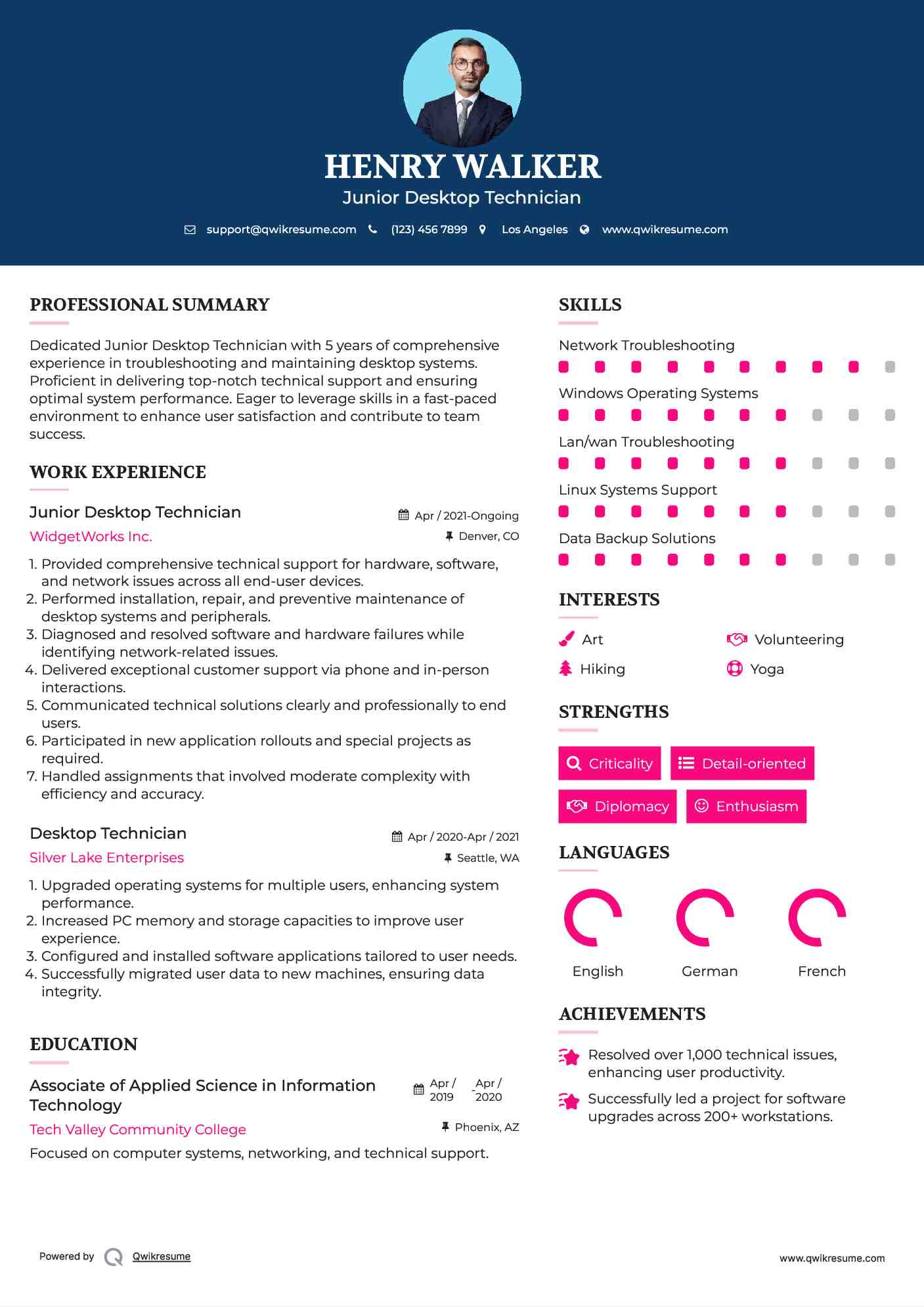 Junior Desktop Technician Resume Sample